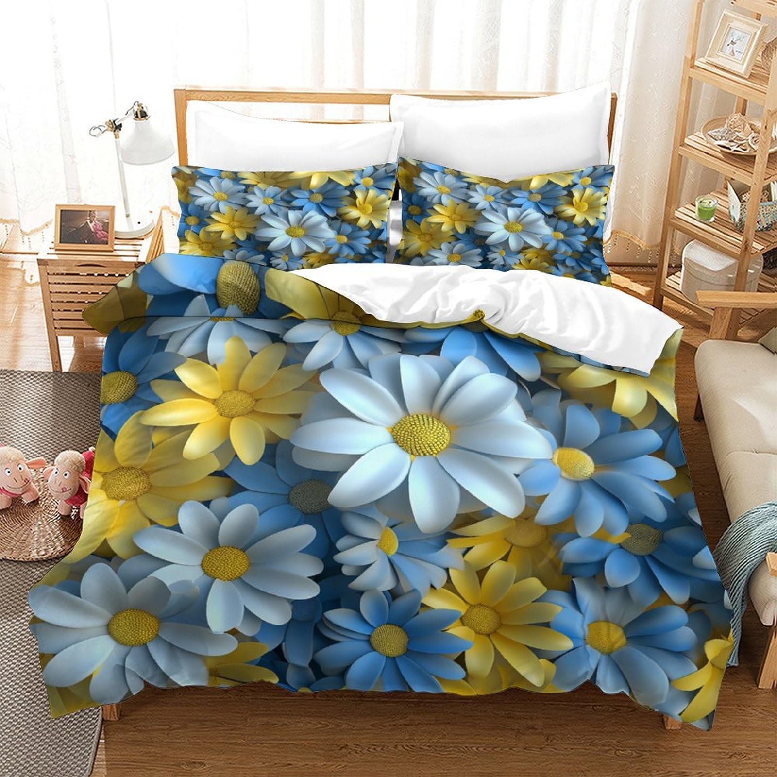 P1S9U7W5Y Floral 3D Printed Daisy Duvet Cover Set 3pcs Microfiber Botanical Bedding Set SuperKing