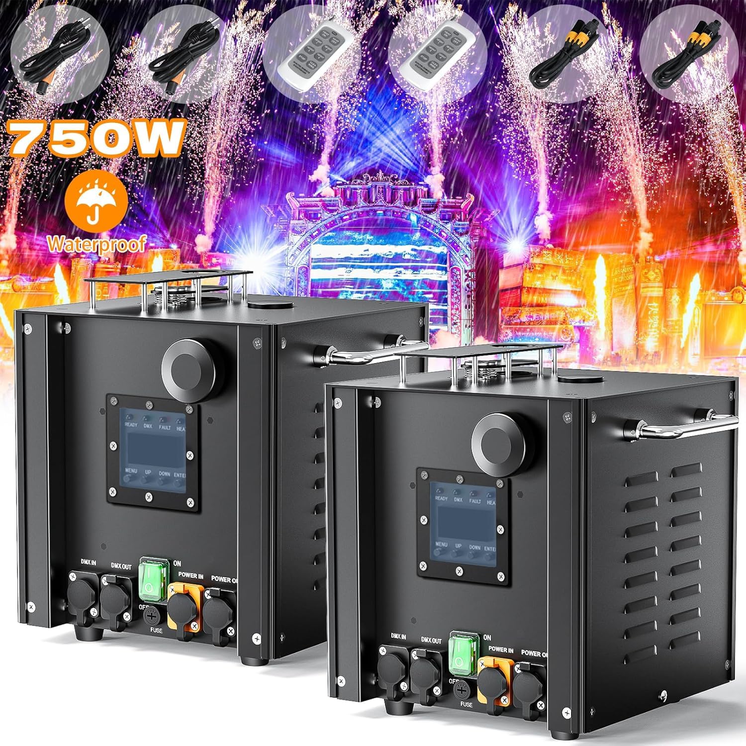 Pyrotechnikmaschinen, 2 Stück 750W Wasserdichtes DMX mit Flightcase, Fernbedienung für Party、Hochzeiten、Sporting Events、DJ Club、Outdoor