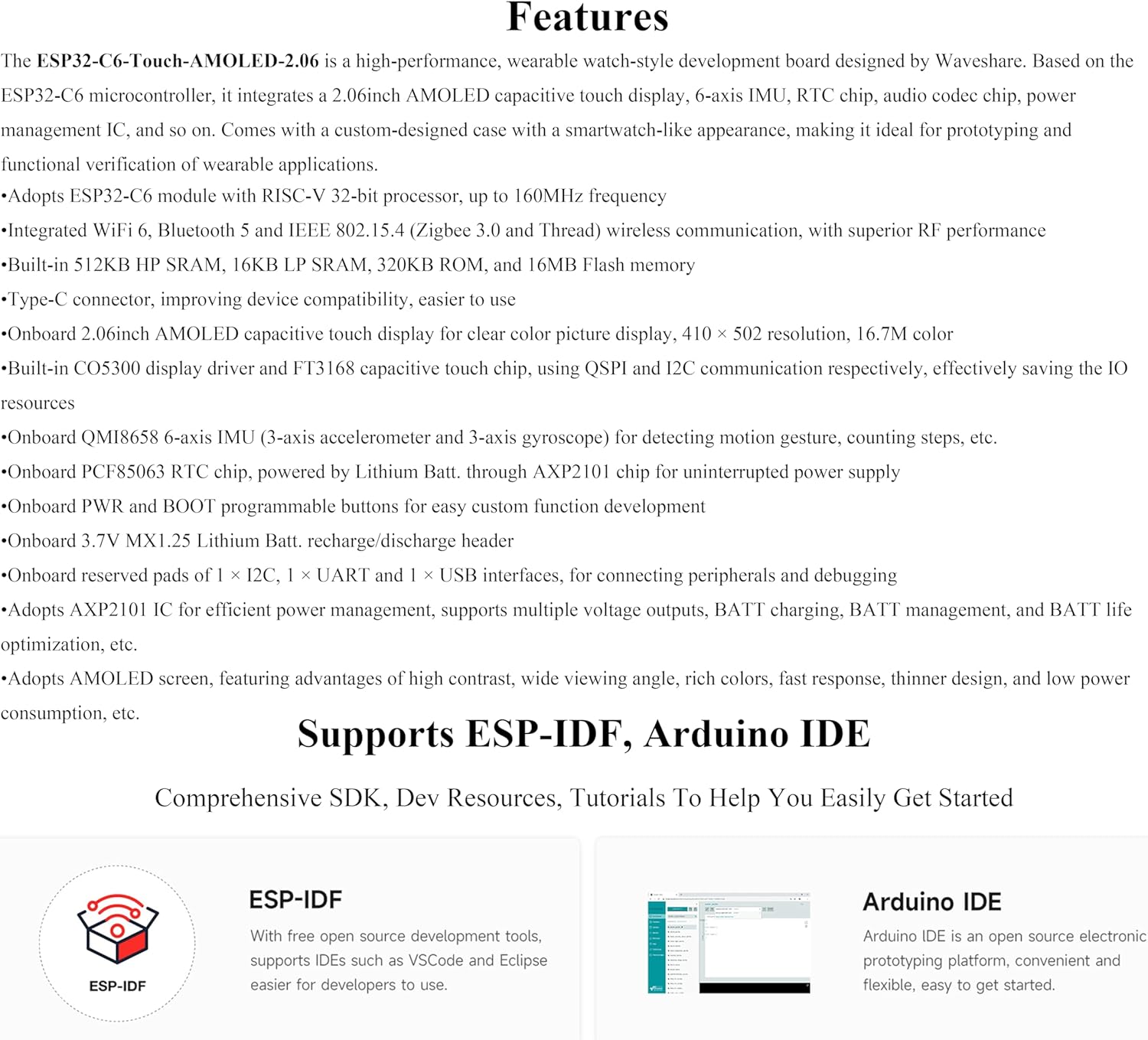 ESP32-C6 2.06inch AMOLED Touch Watch Development Board, 410×502 Pixels, RISC-V 32-bit Processor, Supports WiFi 6 / Bluetooth 5 / Zigbee, ESP32 with Display, Supports AI Speech Interaction