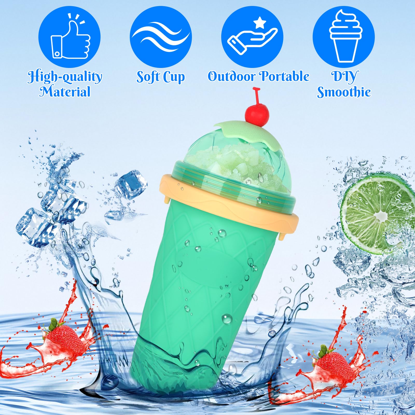 Silikonowy kubek do slushy typu "zrób to sam", ze słomką i łyżeczką 2 w 1, kubek do ugniatania smoothie pinch Ice Cup, "zrób to sam", jasnozielony
