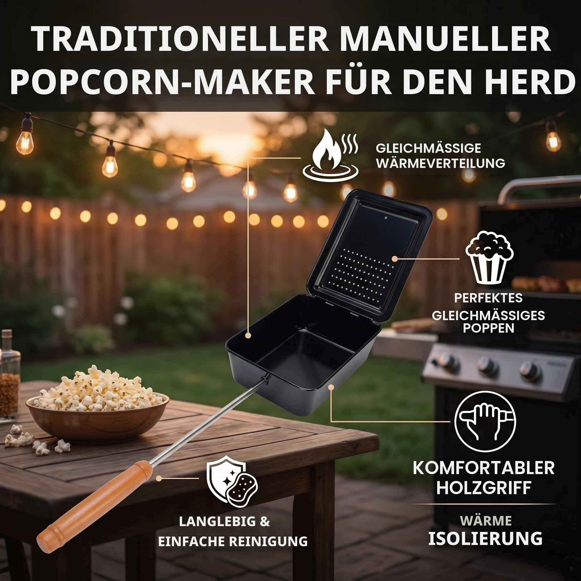Handwerkspopcorn Grillschale aus Gusseisen mit Holzgriff – Manuelle Popcornpfanne für Herd & Grill, gleichmäßige Wärmeverteilung, ideal zum Selbermachen von Popcorn