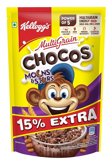 Kellogg's Multigrain Chocos Moons & Stars 375g /360g/ 414g | High in Calcium & Protein, 10 Essential Vitamins & Minerals, Source of Fibre | Breakfast Cereal for Kids