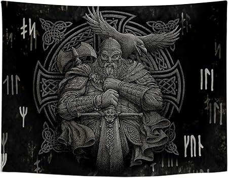 Norse Viking Tapestry Odin Warrior Sword Axe Raven Tapestries Square Knot Tattoo Ancient Art Wall Hanging Nordic Meditation Runes for Men Bedroom ...