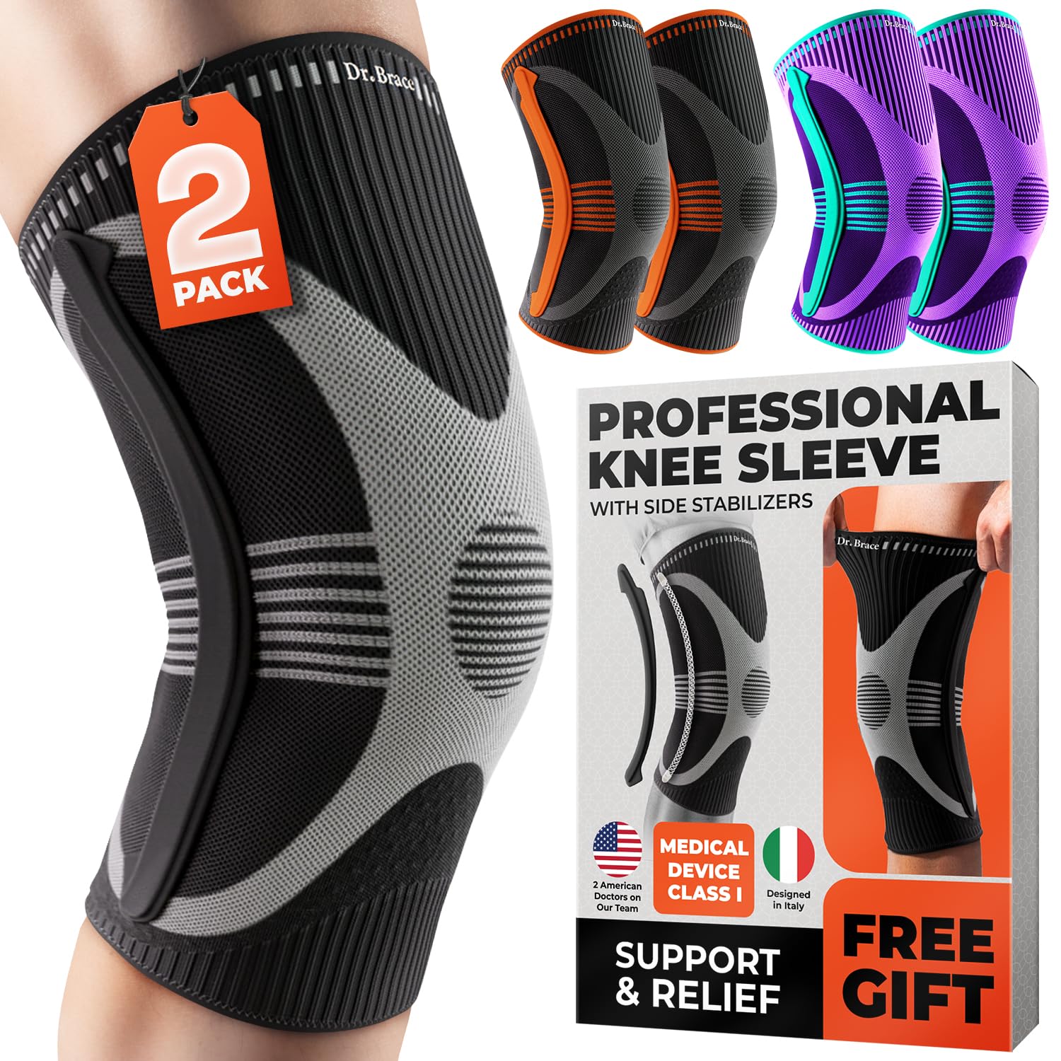 ELITE Knee Brace with Size Stabilizer (2 Pack) Knee Brace for Women & Men, Workout, Sports, Daily Knee Compression Sleeve for Maximum Knee Pain Support & Fast Recovery (Mercury, Large)