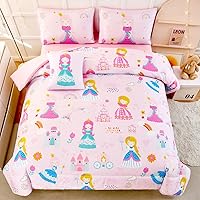 Vista 17 de ANGIYUIN Juego de ropa de cama de 6 piezas rosa tamaño completo en una bolsa para niñas, juego de edredón 3D de color arcoíris con ataduras, ropa