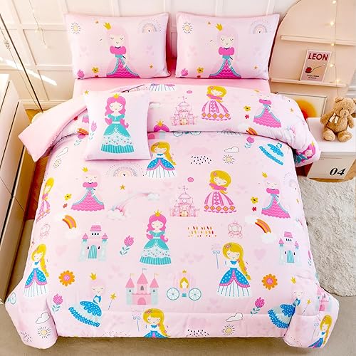 Miniatura 17 de ANGIYUIN Juego de ropa de cama de 6 piezas rosa tamaño completo en una bolsa para niñas, juego de edredón 3D de color arcoíris con ataduras, ropa