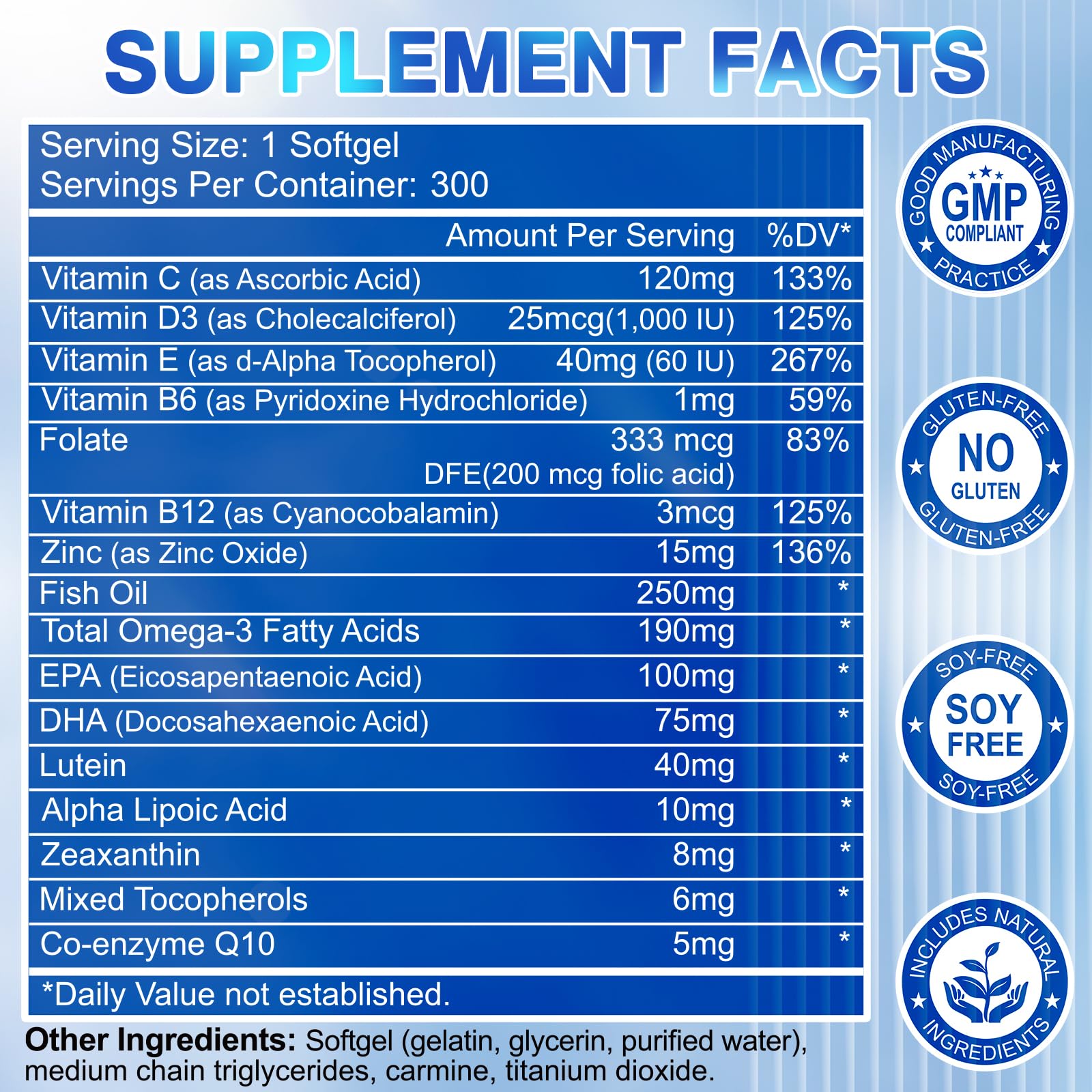 Lutein and Zeaxanthin Supplement - AREDS 2 Plus+ Eye Vitamins, 40 mg Lutein & 8 mg Zeaxanthin with Vitamins C, E, Zinc, Omega-3 & CoQ10 - 300 Softgels — Amazon image 2