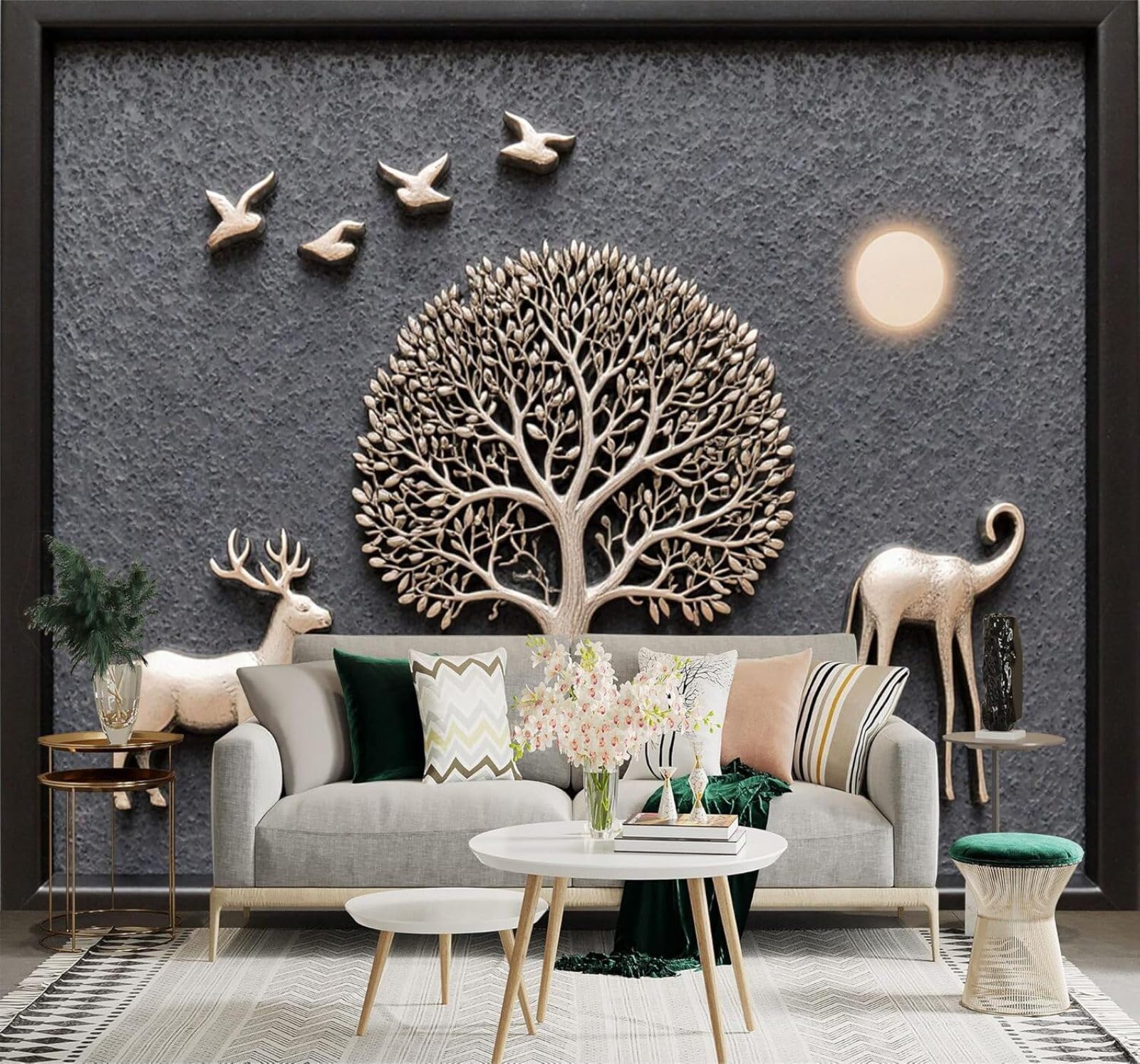 XLMING Golden Deer Birds Moon Art Trees 3D Wallpaper Premium Textured Silk Study Dining Living Room Bedroom Sofa TV Wall Easy Install-430cm×300cm