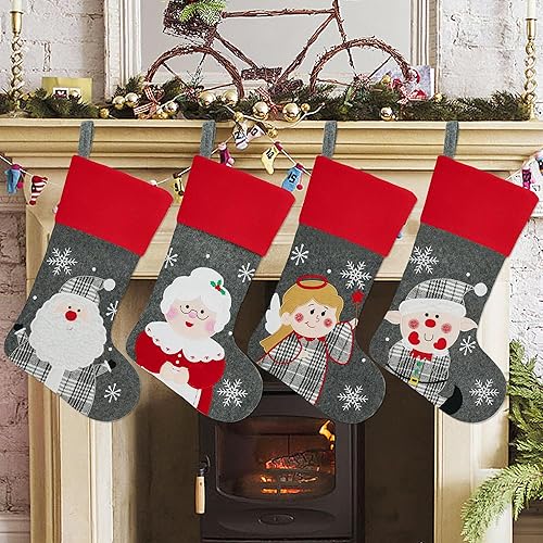 Miniatura 5 de Juego de 4, medias de Navidad grises de 18 pulgadas de diámetro, con patrón de bordado de figura clásica de Navidad, medias de material polar grueso