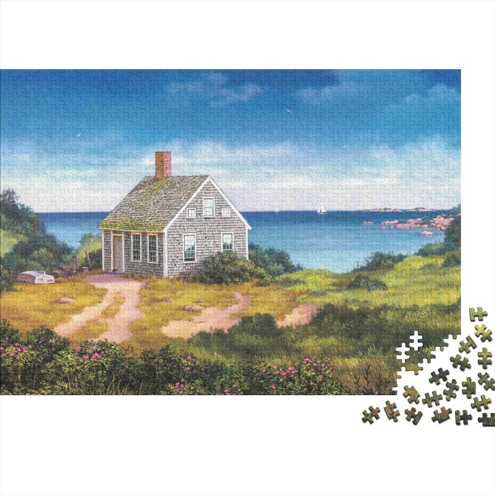 Coastal Cottage Scene High Difficulty Recycled Cardboard Jigsaw Puzzle Puzzle Premium Unique Seaside Cottage for Team Building 38x26cm/1000pcs