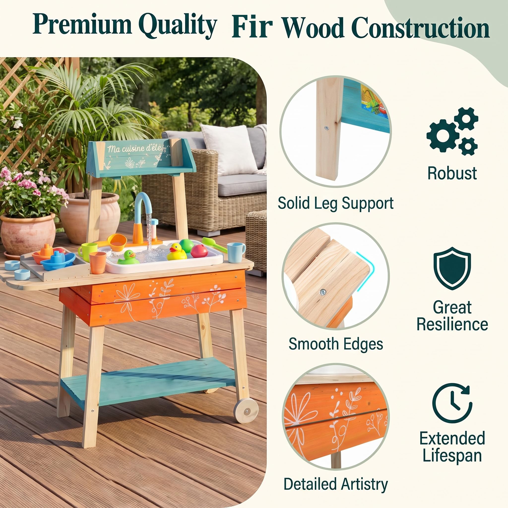 HOMASIS Cucina da Esterno Barbecue per Bambini, Cucina Giocattolo Realistica in Legno con Lavandino, Griglia, Manopole Rotanti, Scaffale Inferiore e 2 Ruote per Bambini 3+ Anni, 77 x 33 x 90 cm