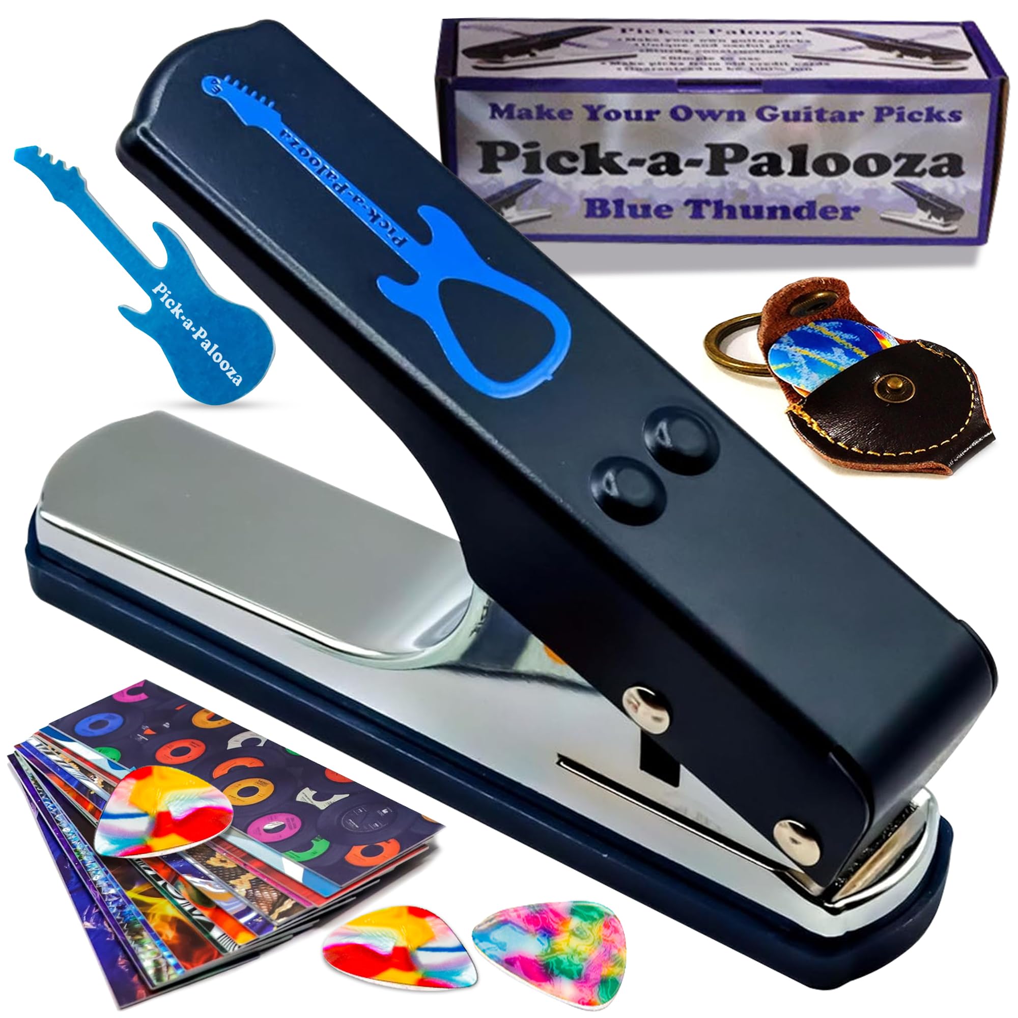 Pick-a-Palooza DIY Guitar Pick Punch Mega Gift Pack - The Premium Pick Maker - Leather Key Chain Pick Holder, 15 Pick Strips and a Guitar File - Blue