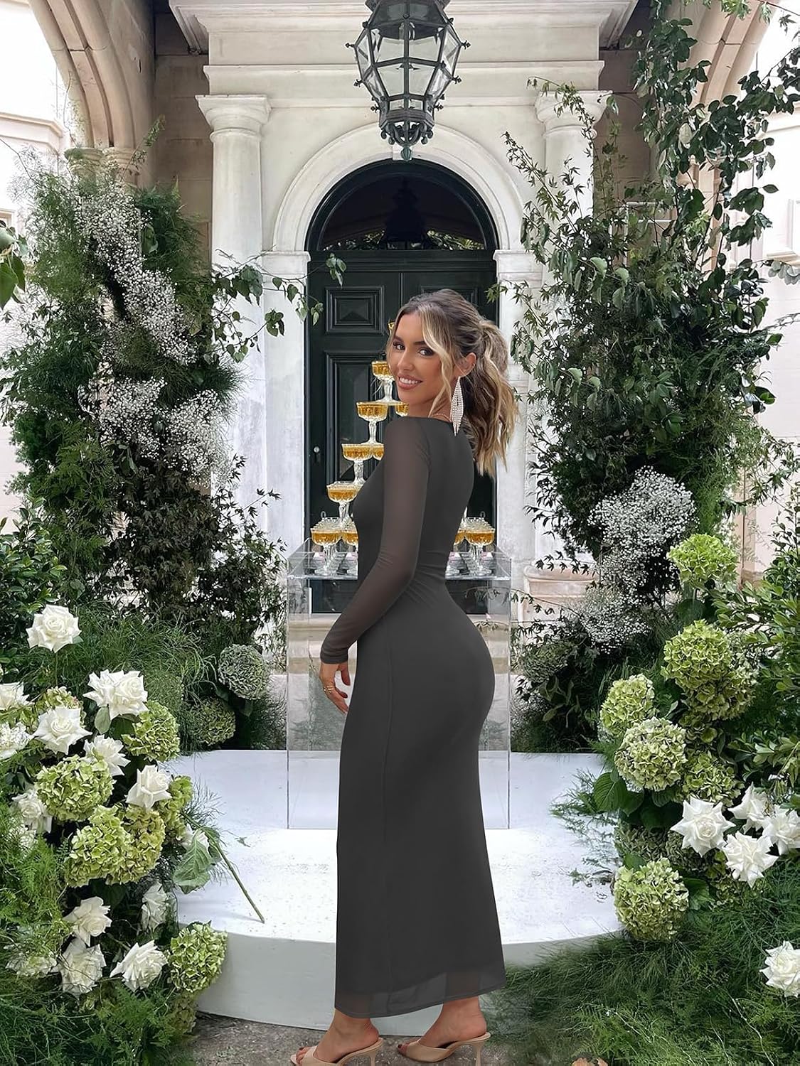 REORIA Women's Fall Mesh Sheer Long Sleeve Wedding Guest Dress Sexy Floral Bodycon Maxi Long Dresses image 2