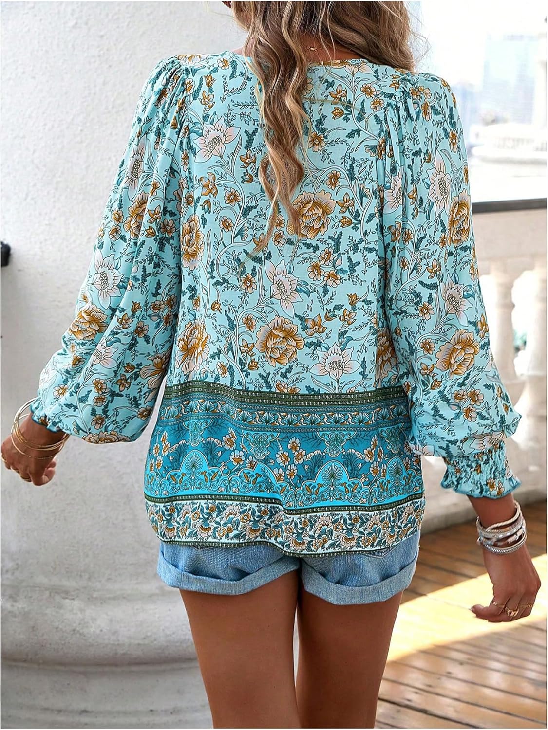 SOLY HUX Women's Floral Tops V Neck Lantern Long Sleeve Shirred Casual Boho Vacation Blouse - Image 2