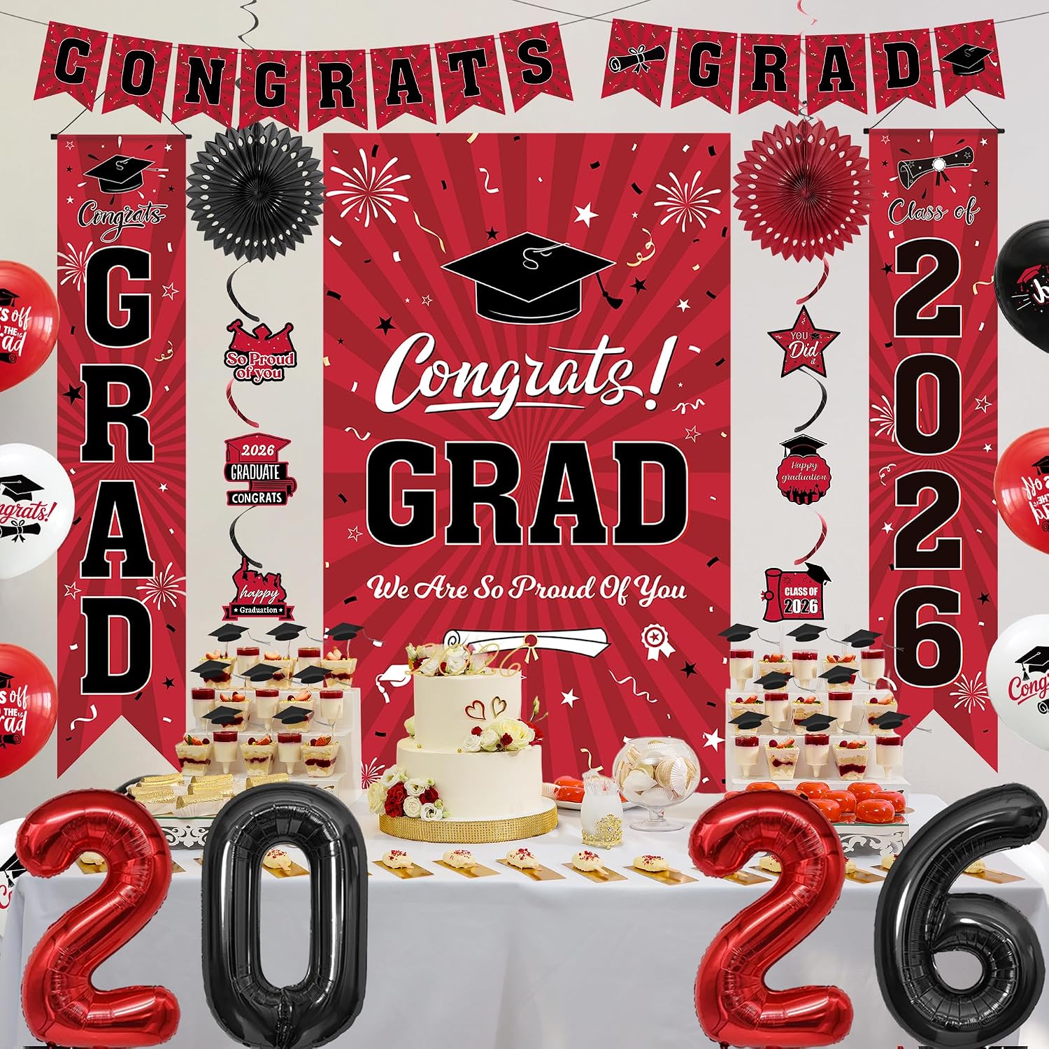Holkcog Graduation Decorations Class of 2026, Red Grad Party Backdrop Paper Fan Balloons Cards for High School & College, Congrats Grad Banner, Outdoor Indoor 2026 Grad Party Decor Supplise