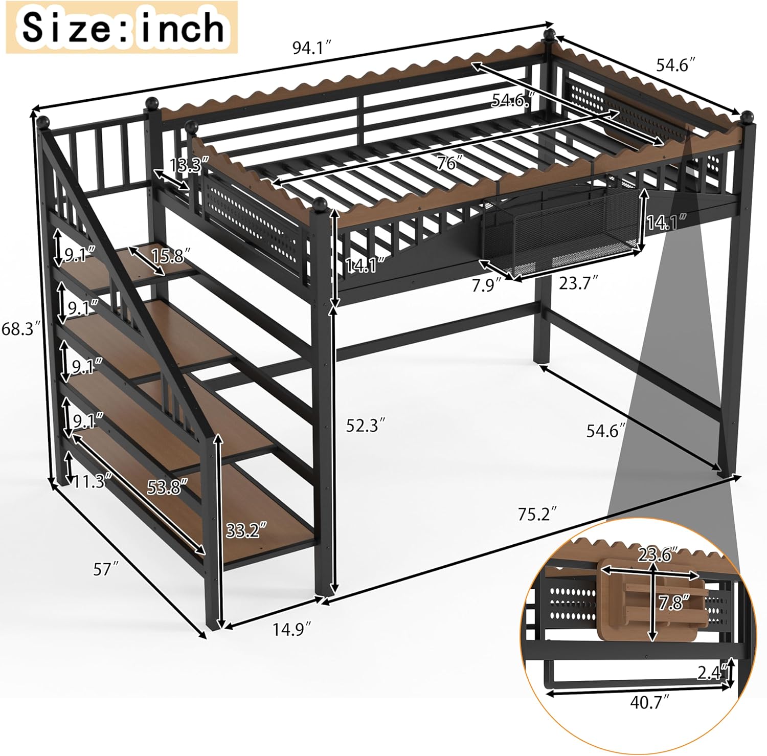 Bellemave Metal Full Size Loft Bed with Stairs and Bookshelf,Heavy Duty Loft Bed Frame Full with Storage Basket,Clothing Rack and Safety Wavy Guardrails for Kids,Teens,Adults,Black