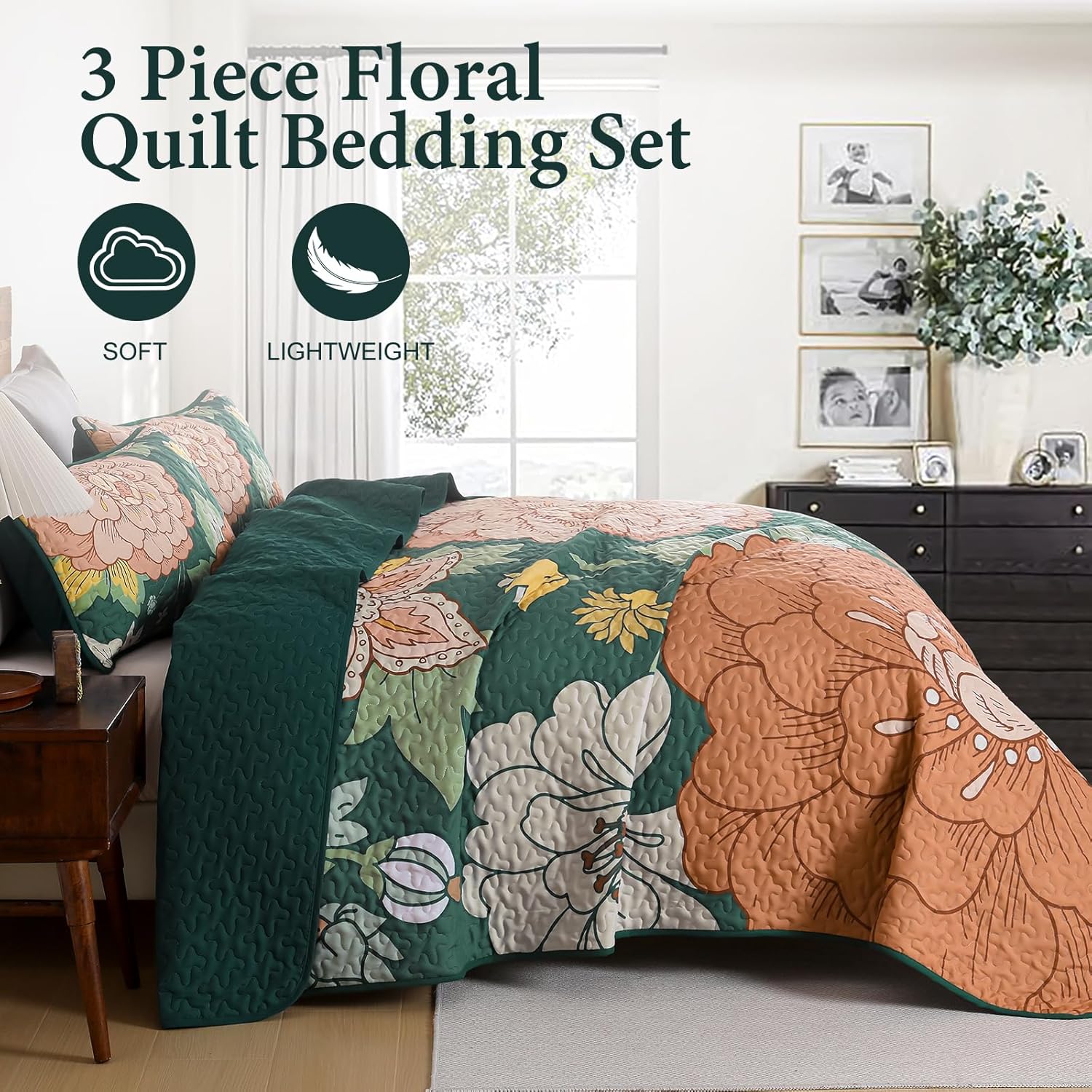 DJY 3 Piece Green Floral Quilt Set Queen Size - Boho Flower Bedspread Coverlet Set, Soft Microfiber Farmhouse Bohemian Floral Bedding Set Botanical Quilt for All Season (Queen, 96''x90'') - Image 4