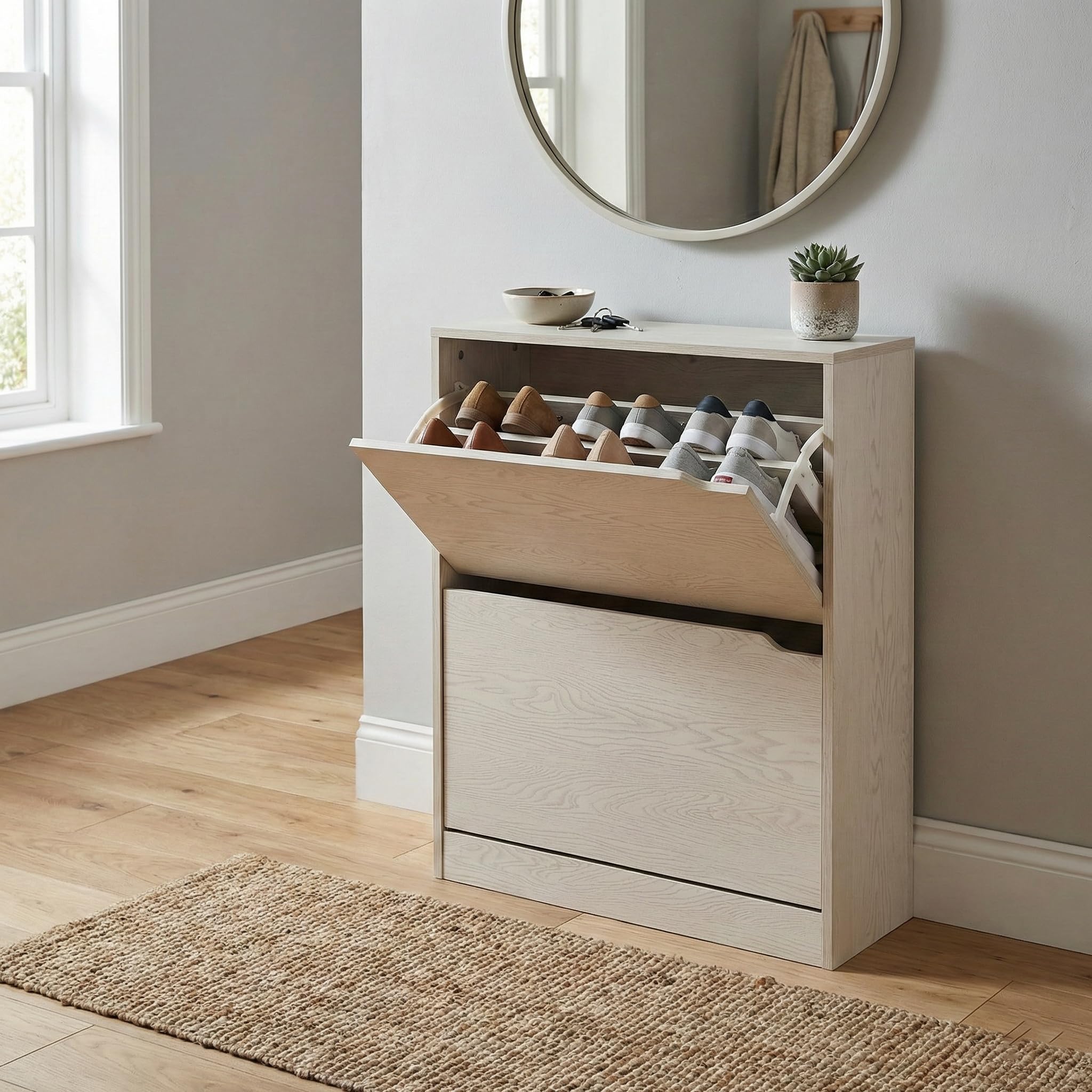 Brigros WeHome - Scarpiera Legno MDF, Scarpiera Salvaspazio, Scarpiera Componibile, Portascarpe con Ante a Ribalta, Maniglie a Scomparsa, Doppio Ripiano, Arredo Casa (Rovere Sbiancato, 2 Ante)
