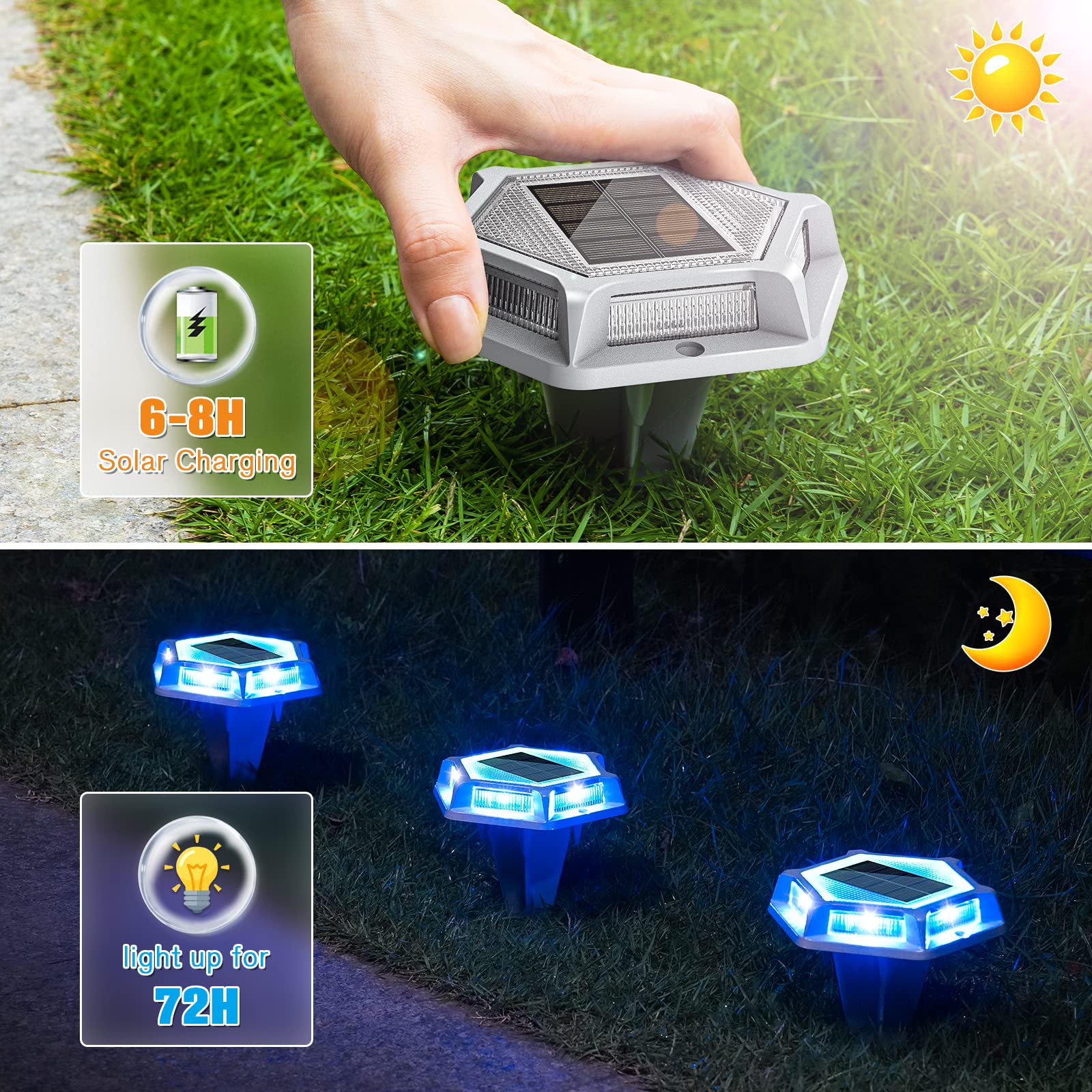 YiLaie 4-Pack Solar Driveway Lights – Outdoor Blue LED Deck Lights, Free 2-Day Shipping