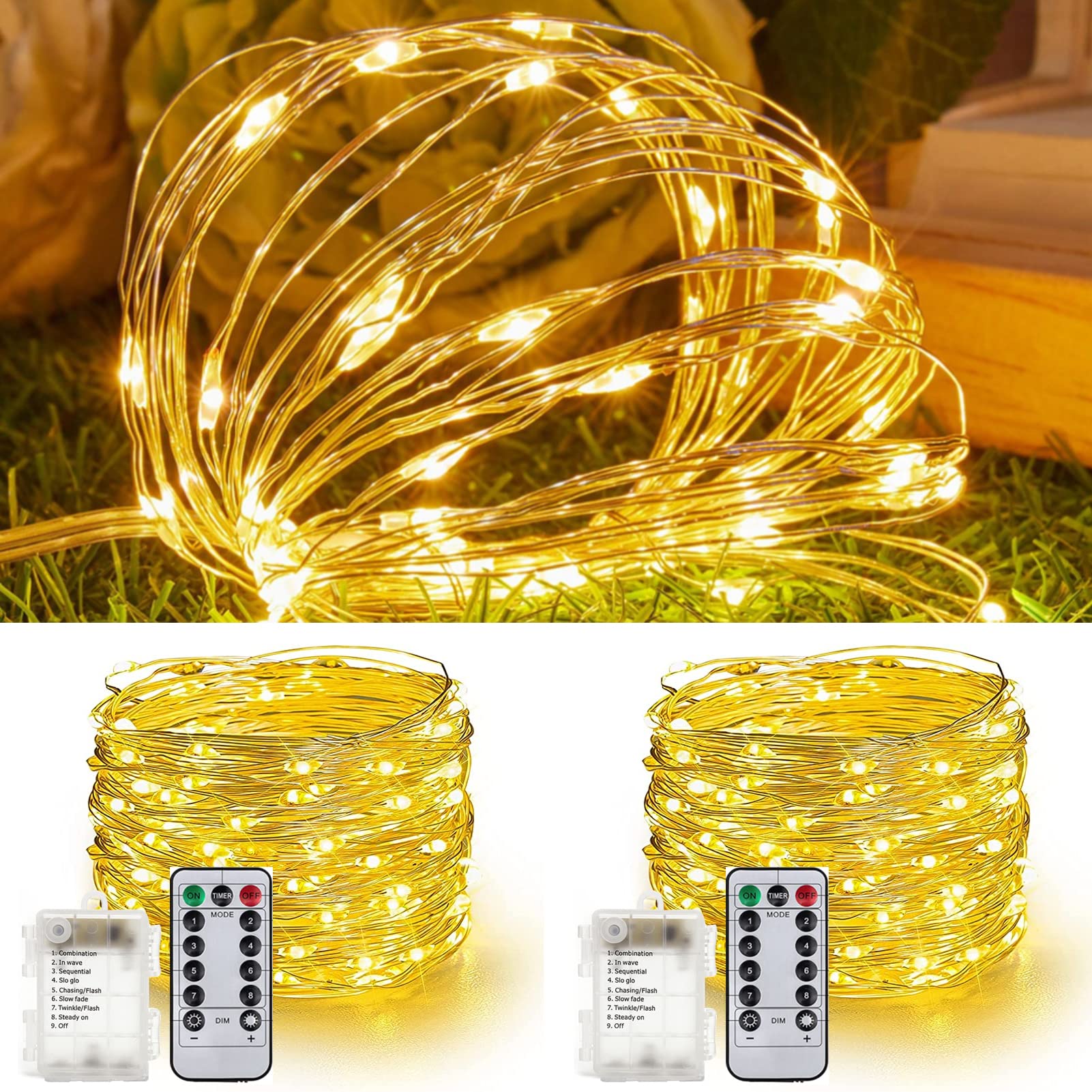 Beauenty2Pcs Twinkle String Lights,33ft 100LED Battery Operated Outdoor String Lights,Remote Control 8 Modes for Fairy String Lights Garden Party Indoor Decor(Warm white)