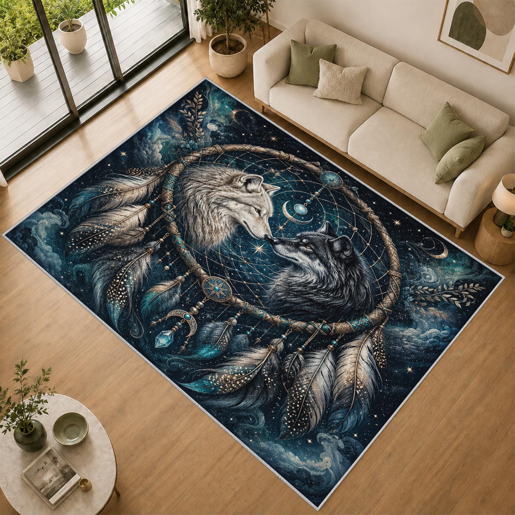 Generisch Wolf Traumfänger Teppich Waschbar rutschfest 80x150cm | Blau Galaxie Teppiche, Weich Kurzflor Teppich für Wohnzimmer Schlafzimmer Bettvorleger Küche, tV674