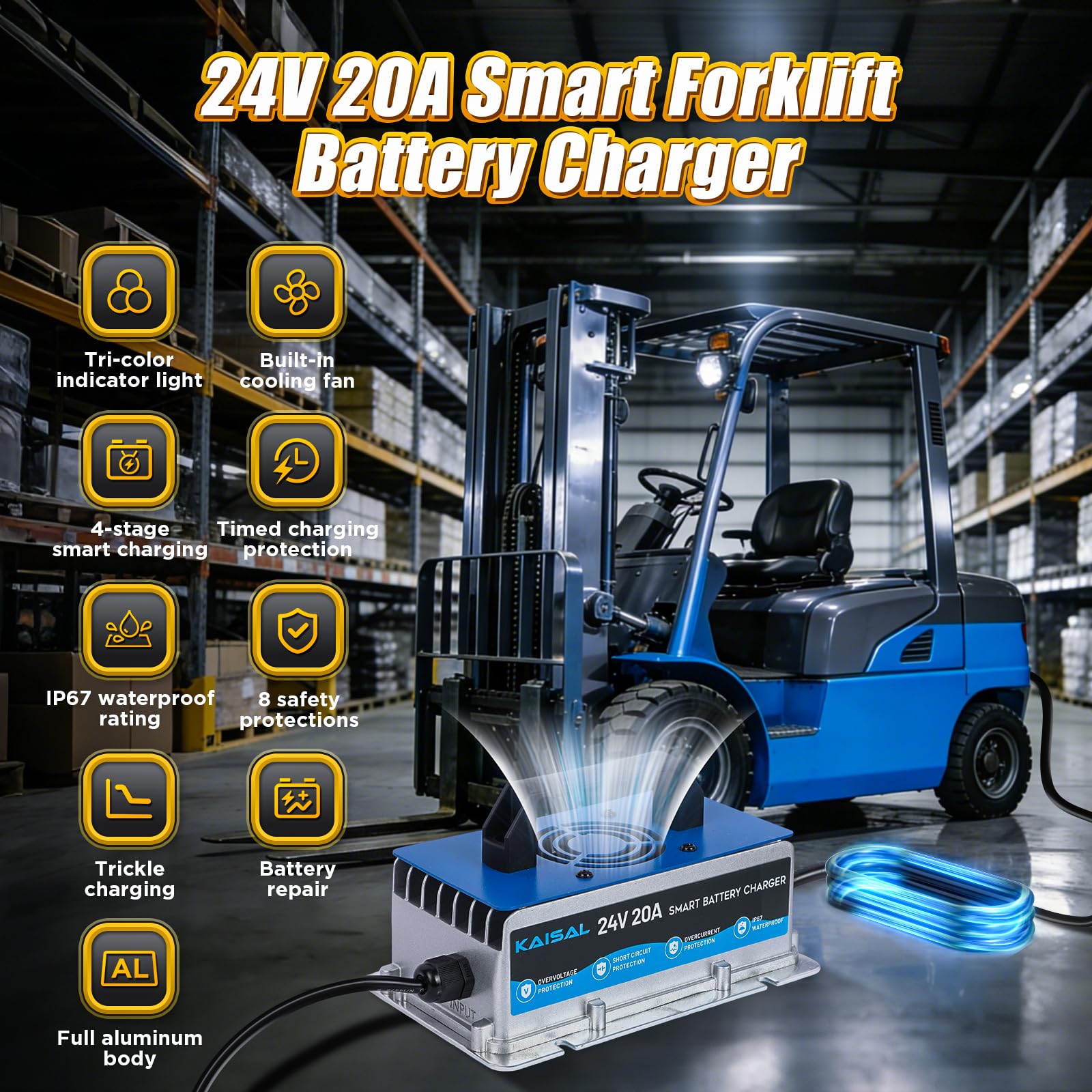 KAISAL 24V 20A Caricabatterie per Carrello Elevatore, 24 V Caricabatterie con Spina Anderson, Caricatore Automatico per Batterie al Piombo da 24 Volt, per Carrello Elevatore e Lavapavimenti