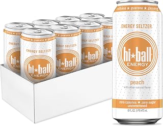 Hiball Clean Energy Seltzer Water, Caffeinated Sparkling Water Made with Vitamin B12 and Vitamin B6, Sugar Free (8 pack of 16 Fl Oz), Peach