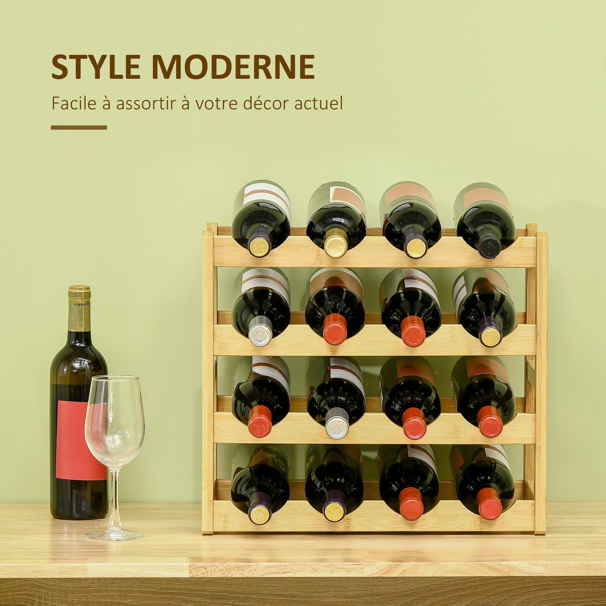HOMCOM Étagère à Bouteilles de vin pour 16 Bouteilles Porte Bouteilles Casier à vin en Bambou - 43 x 23,5 x 38 cm Bois Naturel