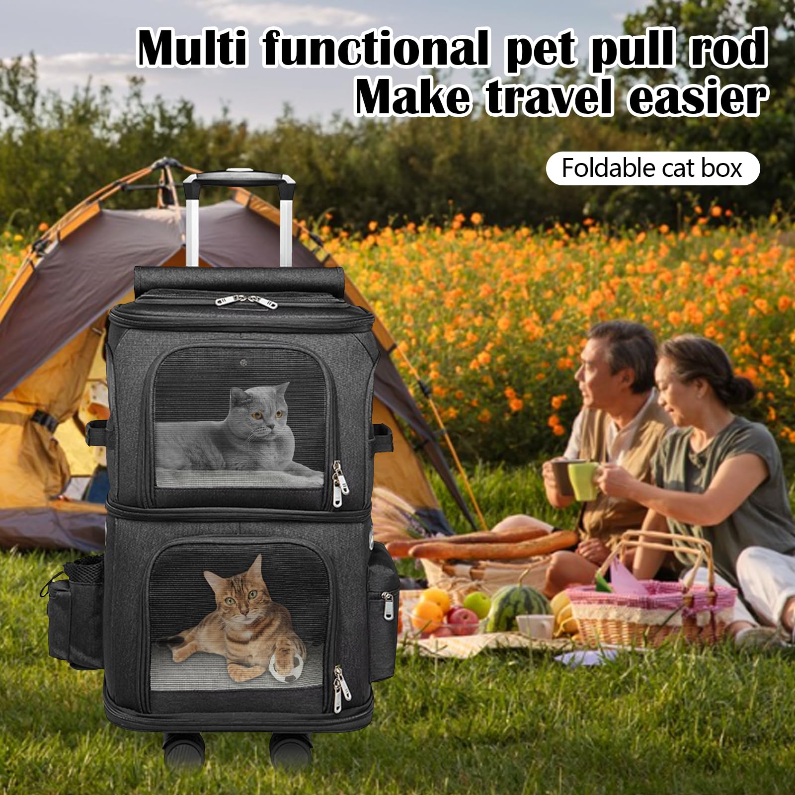 Sac à Dos Chat Chien, Sac à Dos de Transport à Double Compartiment avec Roues Amovibles Sacs Transport Chat Chien Respirant pour 2 Petits Chats et Chiens Chiot