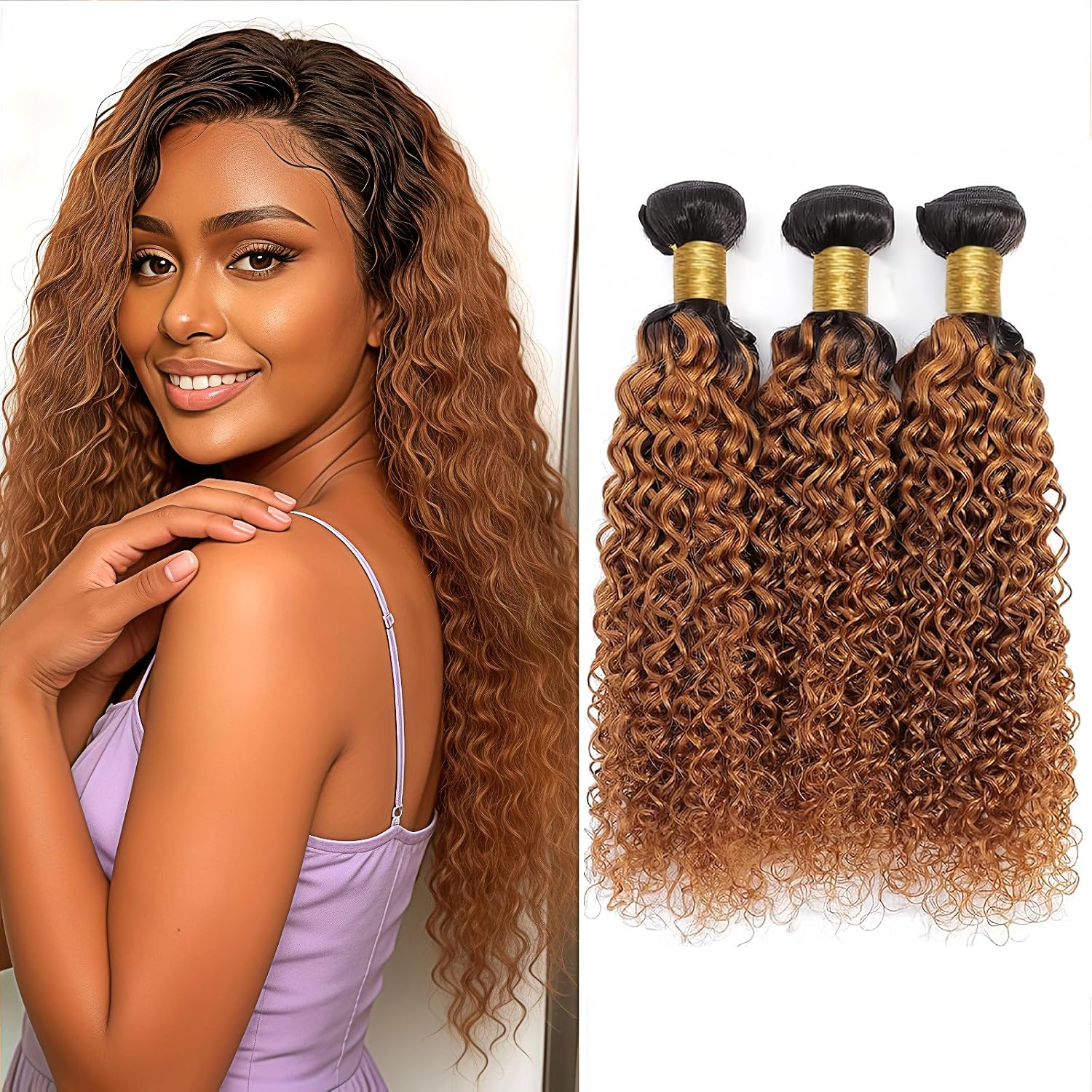 T1B/30 Jerry Curly Human Hair Bundles Brazilian Ombre Light Brown 12A Remy Human Hair 3 Bundles 20 22 24 Inch Dark Roots Two Tone Curly Weave Soft Thick for Black Women