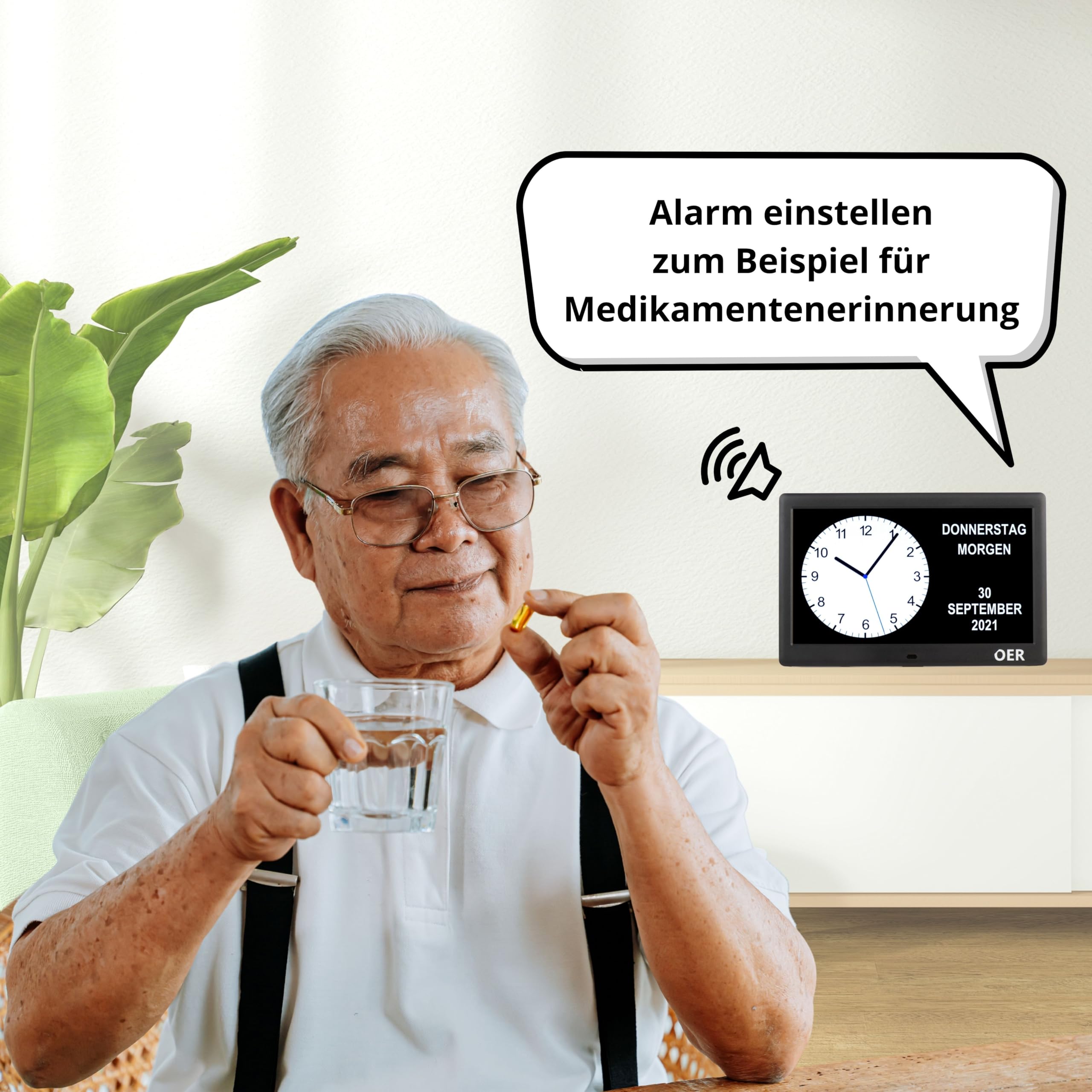 OER - Demenzuhr XXL - Digitaler Kalender und Seniorenuhr - Digitale und analoge Anzeige - Kalenderuhr für Demenz - Schreiben eigenen Alarme - (10 Zoll, Schwarz)
