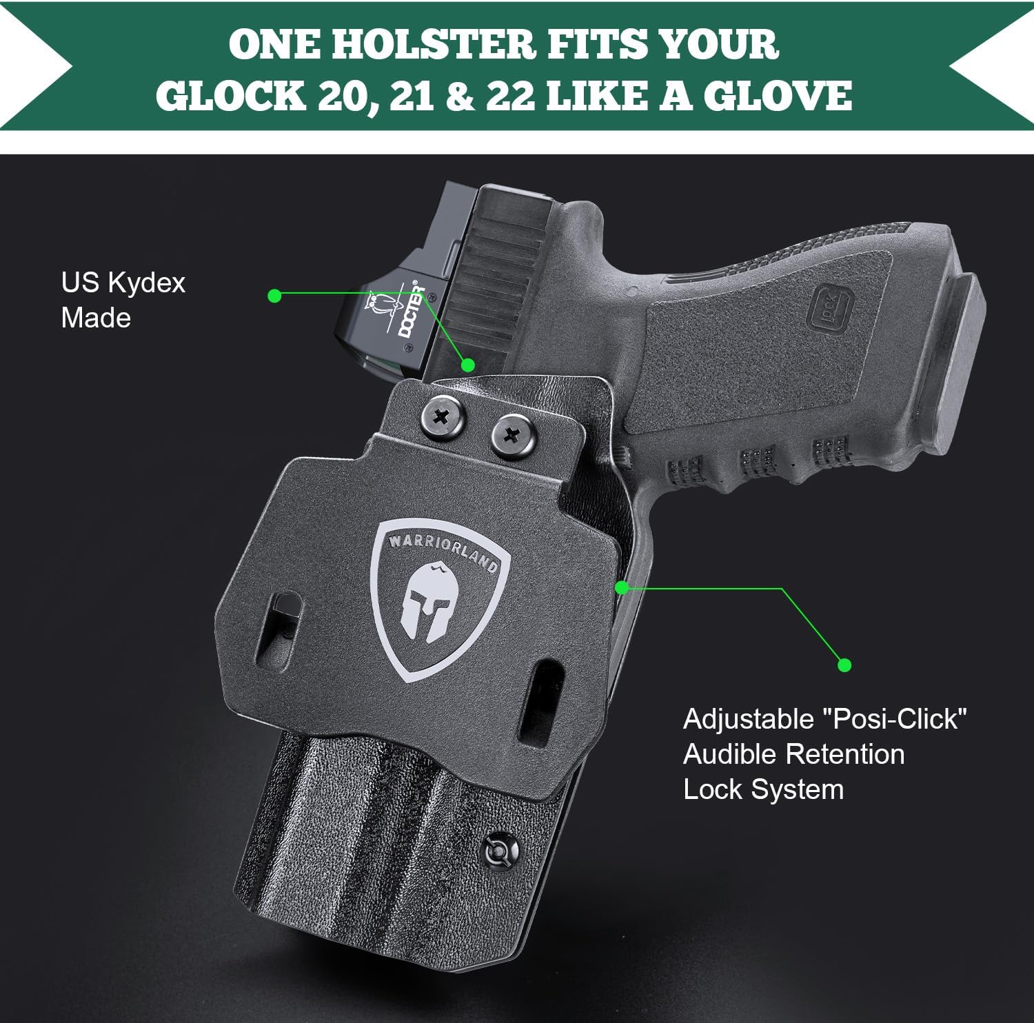 WARRIORLAND OWB Kydex Paddle Holster, Optional for Glock 43/ 43X/ 43Xmos & 17/20/ 21/22/ 23 Gen 3-5, Sig P365XL, Ruger Max-9/ LCP Max .380, Walther PPS M2, Fits 1.5"-1.75" Belt, Optics Cut & Adj. Cant