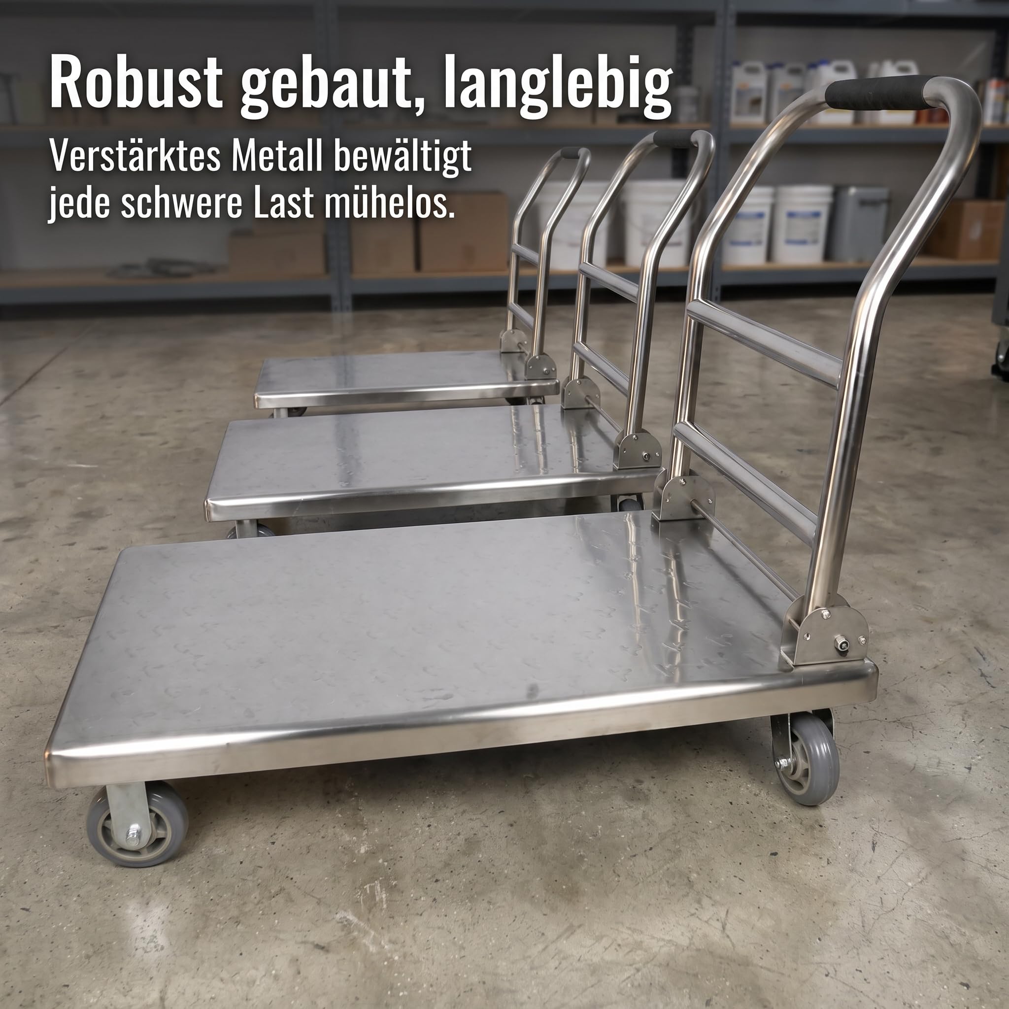 Edelstahl Plattformwagen faltbar, klappbar Transportwagen mit Bremse für Wkstatt & Lag, Edelstahl klappbar, 6 Zoll kraftsparende Räder, 100 cm x 60 cm