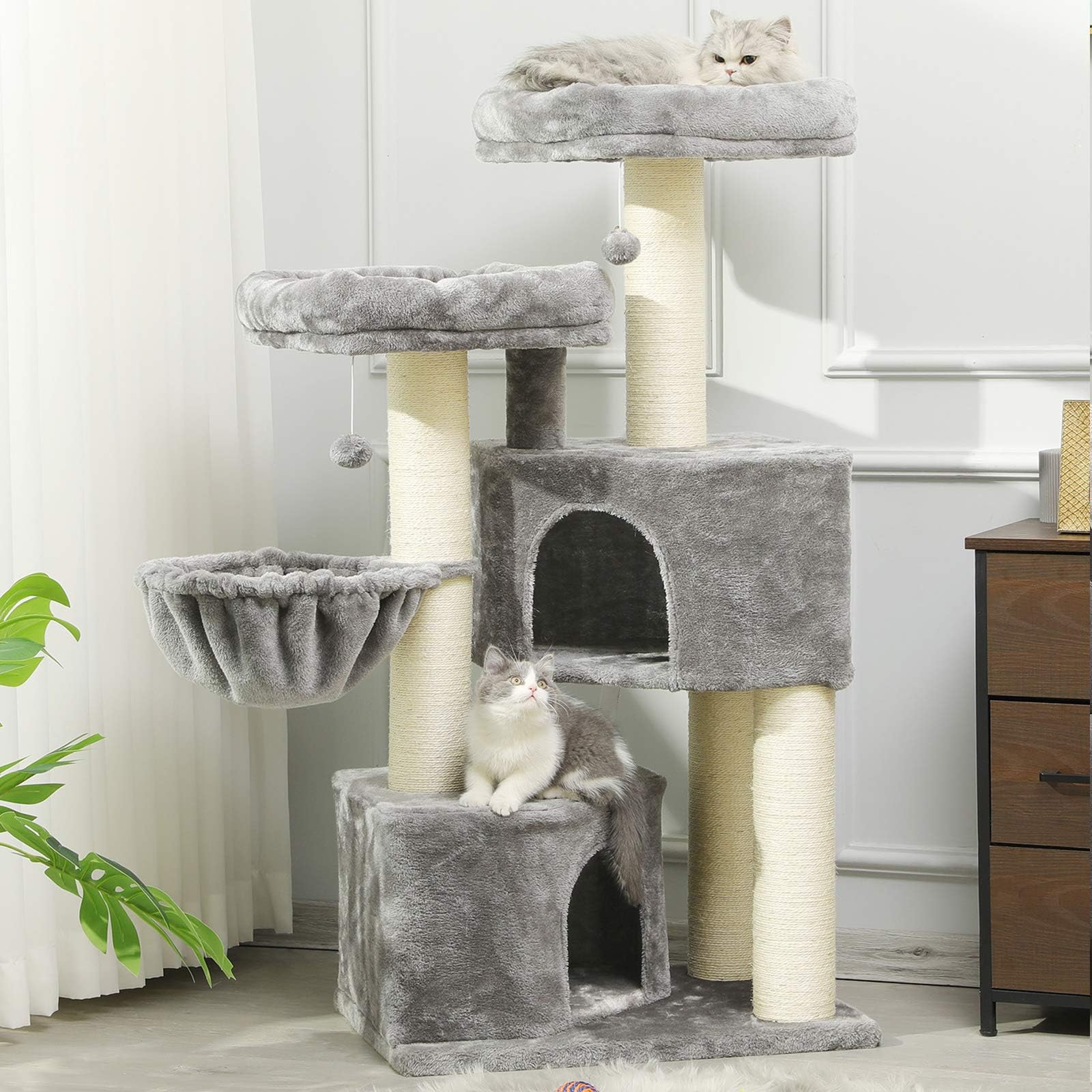 Grand arbre à chat plafond réglable, gris crème, poteaux sisal, hamac, idéal pour chats actifs 230-250cm DUSKSEED