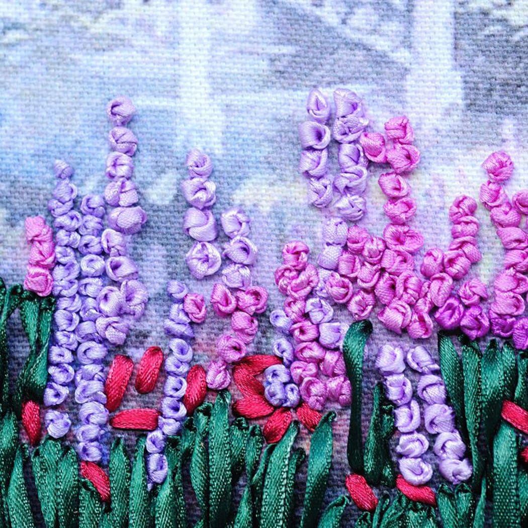 Aureate Handmade Ribbon Embroidery Kits Canvas 3D Wall Art Home Decoration DIY Needlepoint Tapestry Hanging Gift Floral Cherry Blossom 18"×26"