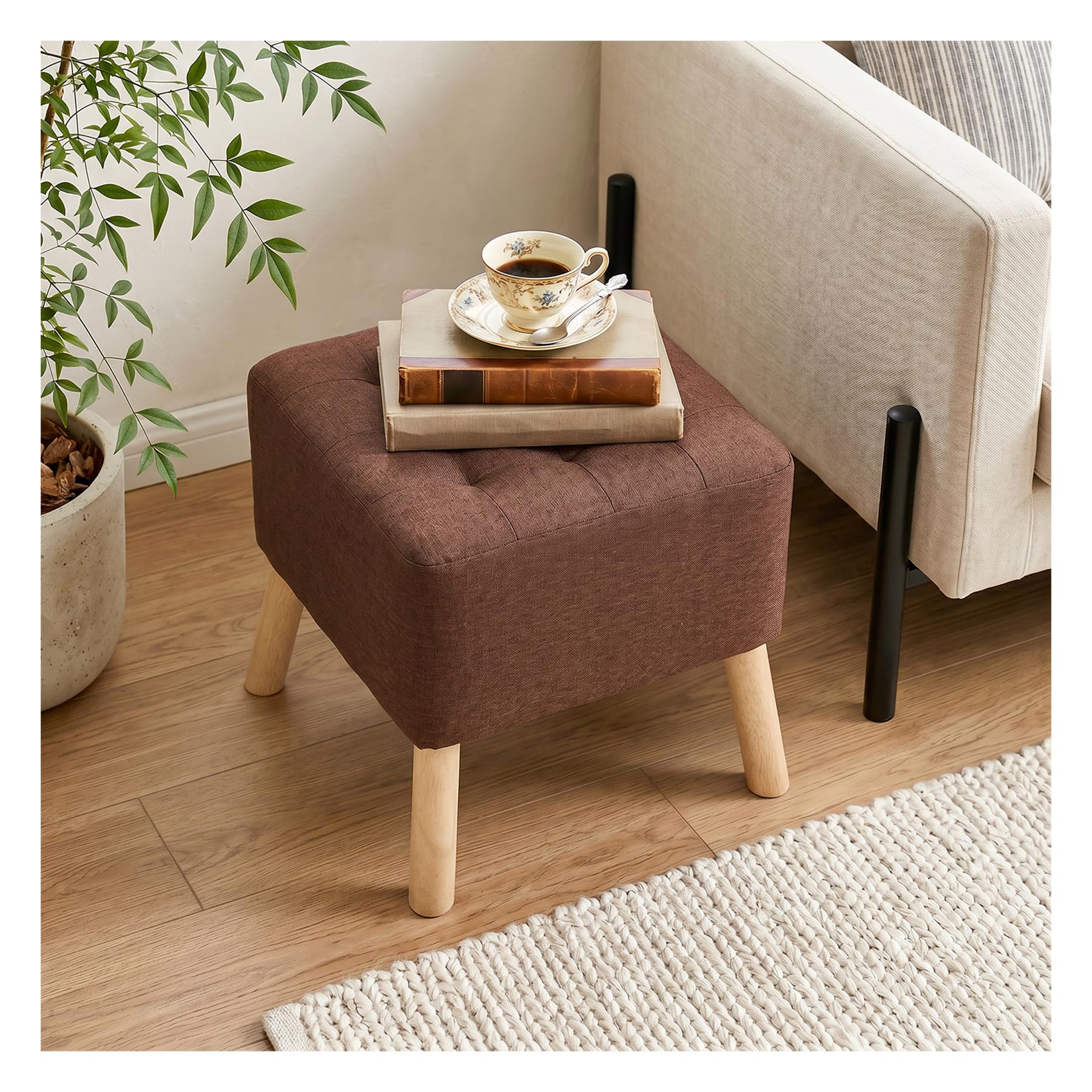 INMOZATA Square Footstool Linen Foot Rest Stool with Tufted Button, Solid Oak Legs & Non-Slip Pads, Removable Legs Change Shoe Footrest for Living Room, Bedroom, Hallway(Brown,41x41x41cm)