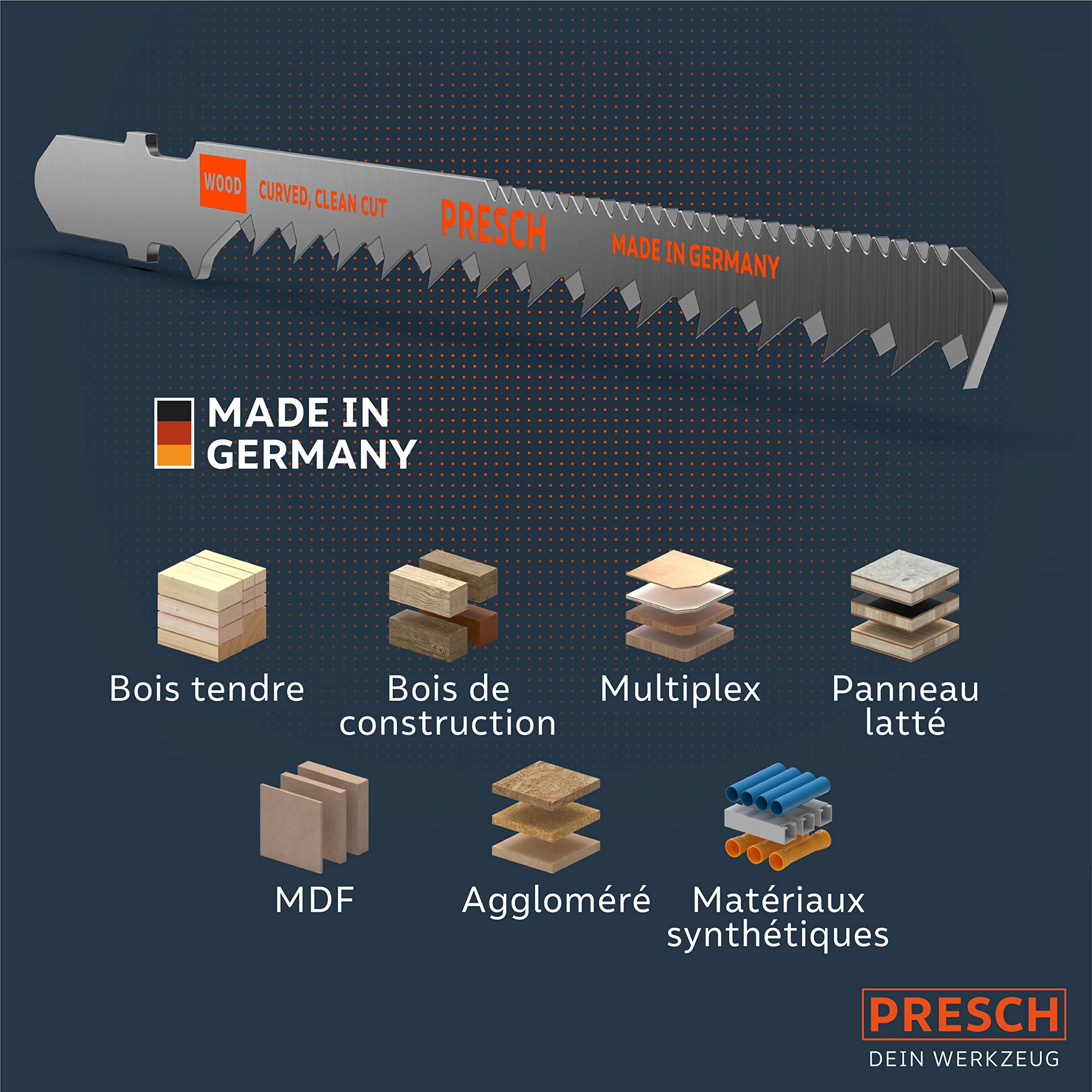 Presch Lames de scie sauteuse Bois 10 pièces - Découpes arrondies très nettes (4-30 mm) - Lames haute longévité à emmanchement en T pour toutes les scies sauteuses - Lame scie sauteuse bois