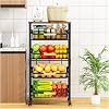 5-Tier Kitchen Trolley on Wheels-Vegetable Storage Rack with Wooden Top, Lockable Wheels & Stackable Baskets, Mobile Organizer for Kitchen, Pantry, Office Black