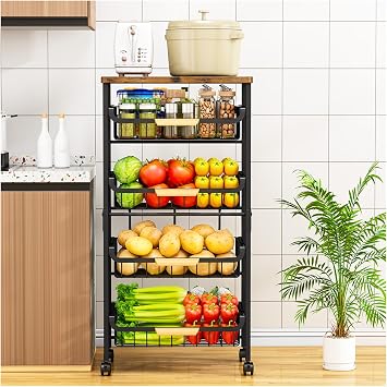 5-Tier Kitchen Trolley on Wheels-Vegetable Storage Rack with Wooden Top, Lockable Wheels & Stackable Baskets, Mobile Organizer for Kitchen, Pantry, Office Black