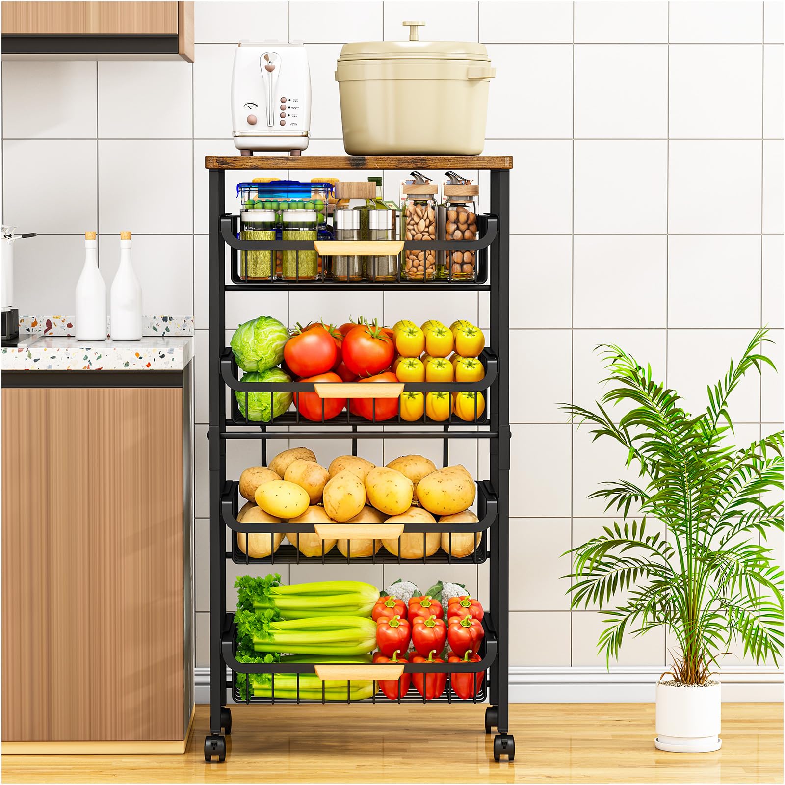 OrderlyGo 5-Tier Kitchen Trolley on Wheels-Vegetable Storage Rack with Wooden Top, Lockable Wheels & Stackable Baskets, Mobile Organizer for Kitchen, Pantry, Office (Black)