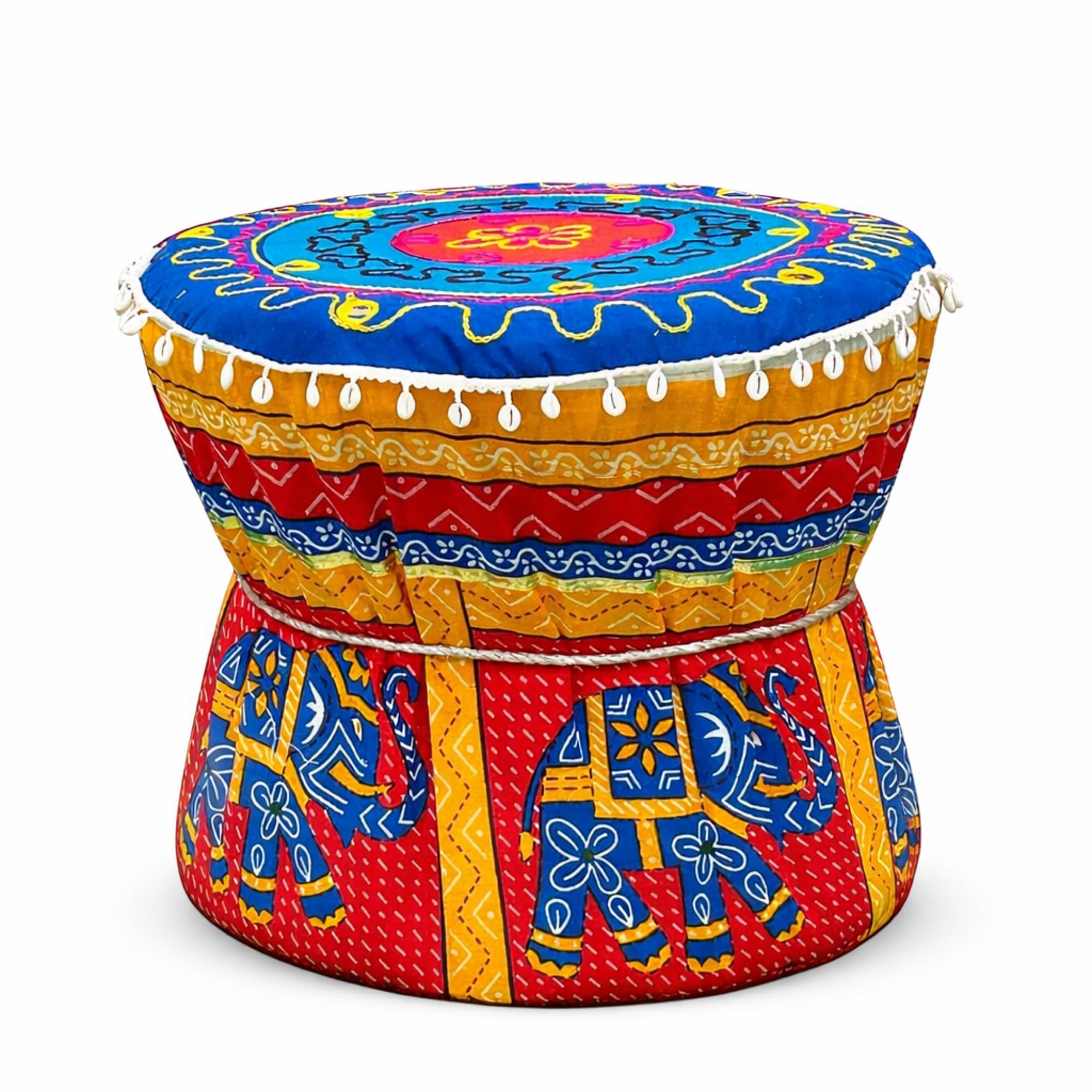 Handcrafted Muda Cover Red & Blue Colorful Elephant Pure Cotton Pouffs with Floral Embroidery Decorative Ottoman for Living Room & Balcony Seating Set of 1 Piece Cover ONLY-image-27