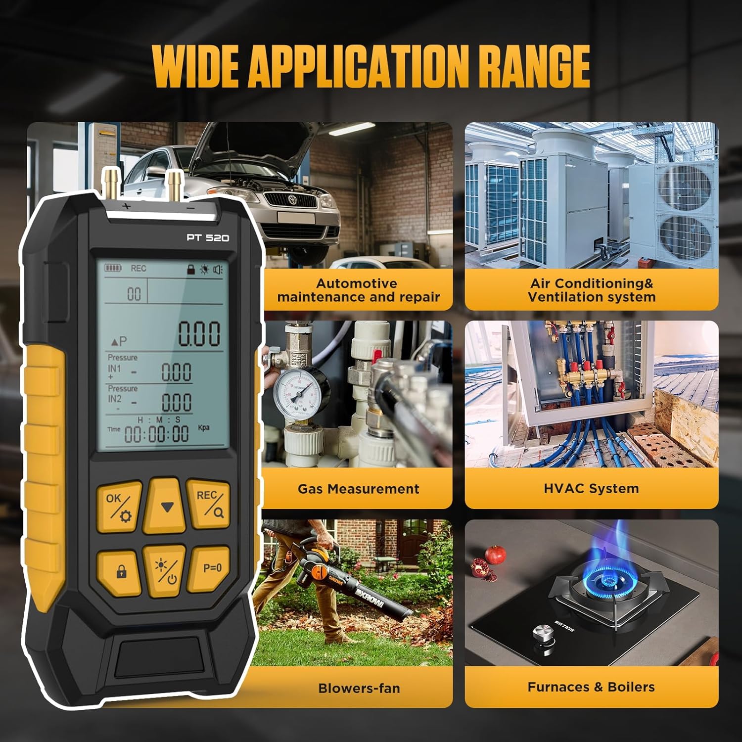 PT520 Manometer Gas Pressure Tester,Dual-Port HVAC Digital Manometer with Range of -100 to 200 KPa, 7 Units, Data Locking & Storage, 7Adapters,Backlit Display Screen