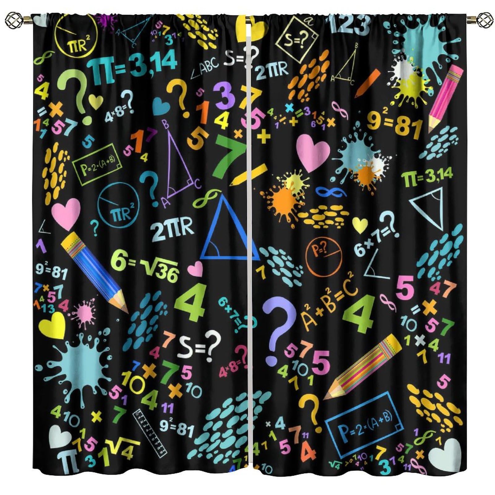 GoDazzling Colorful Math Blackout Curtains, Watercolor Mathematical Science Window Drapes Rod Pocket Window Drapes, for Kids Boys Girls Living Room