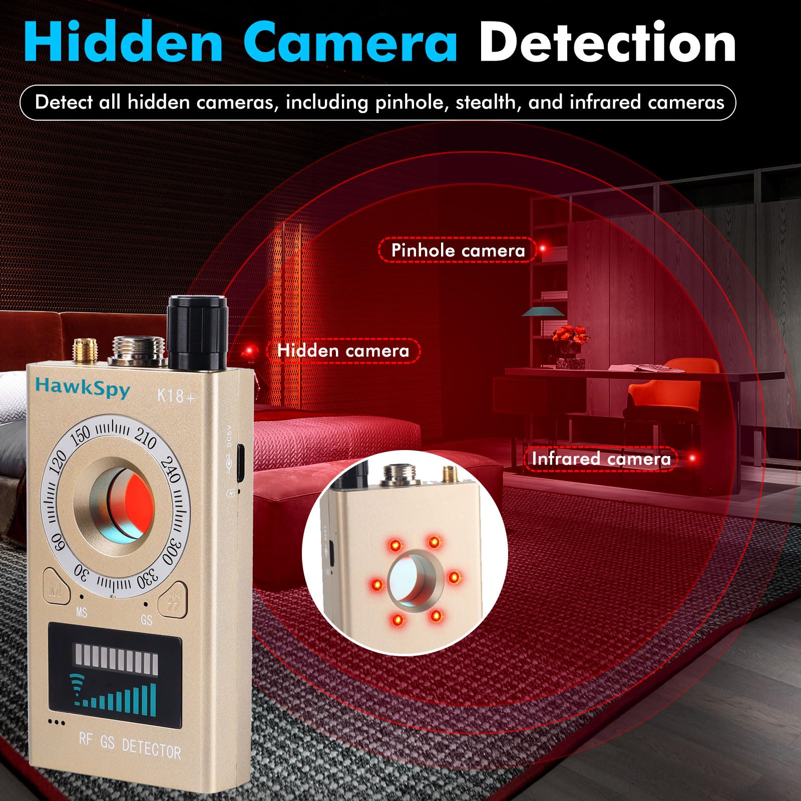 K18 Elektronischer Signaldetektor mit RF-Signalerkennung, Kamera Detektor, Magnetfelderkennung und Optischer Linsenerkennung, Ton- und Vibrationsalarm, Tragbar, USB-C, Gold