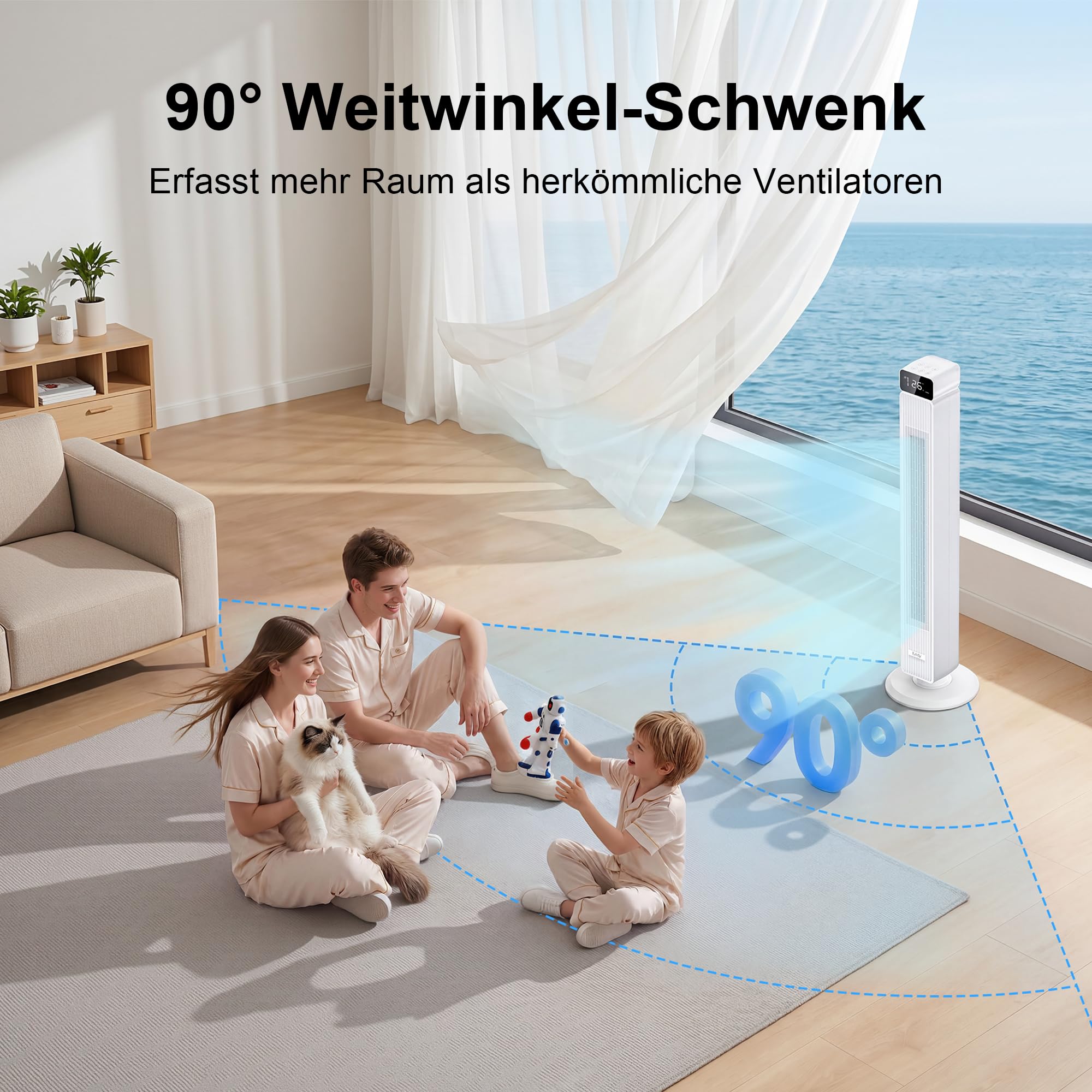 Turmventilator Sehr Leise, 7,3 m/s Starkwind & 30 dB Nachtmodus Ventilator Leise, 90° Oszillation, 6 Stufen, 12H Timer, Standventilator mit fernbedienung für Schlafzimmer, Büro