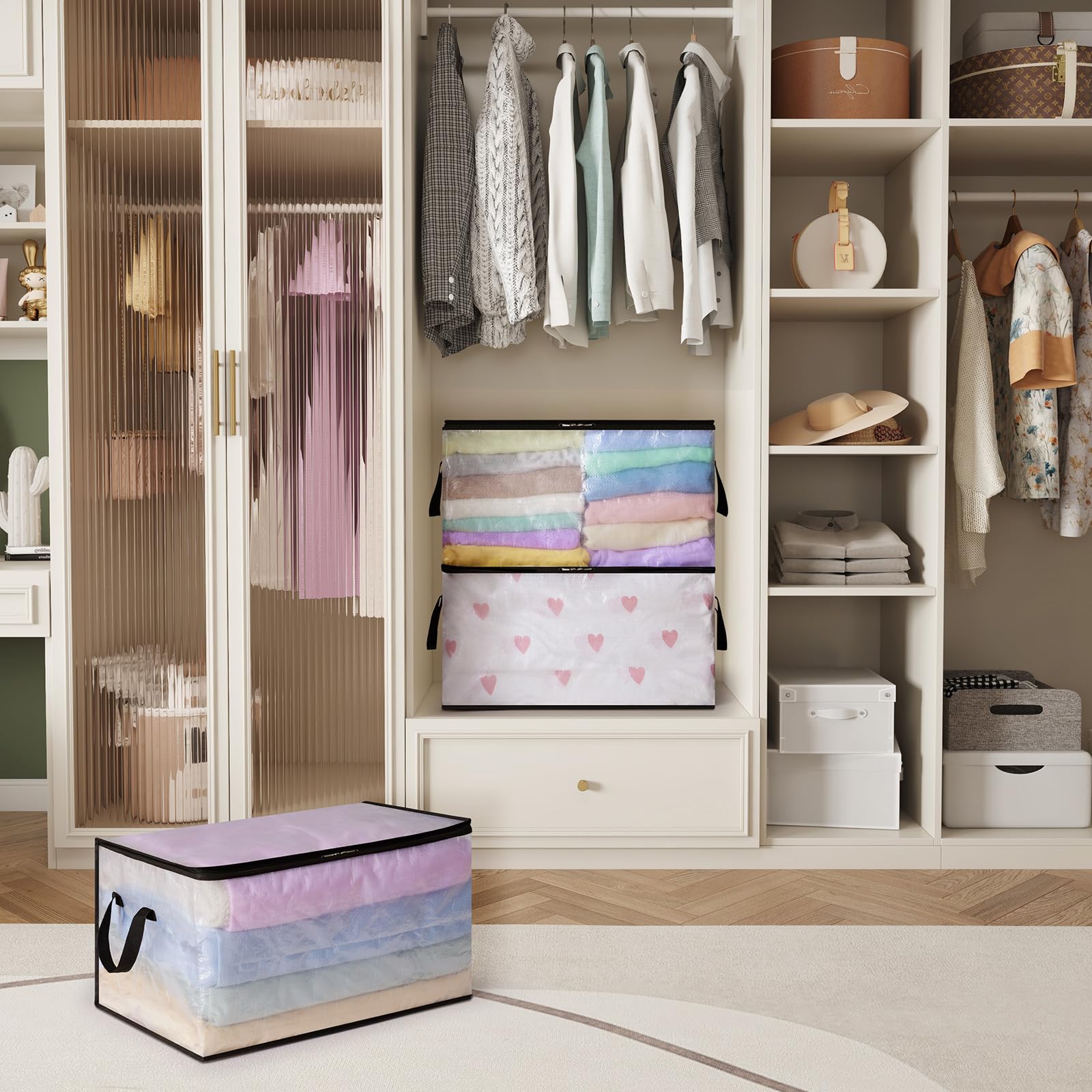Lifewit Bolsas para Guardar Ropa Transparentes, Bolsas Almacenaje Ropa con Asas, Cajas Almacenaje Plegable de PP, Organizador Armario para Mantas, Ropa, Juguetes, Mudanza, 60 L, 4 Piezas