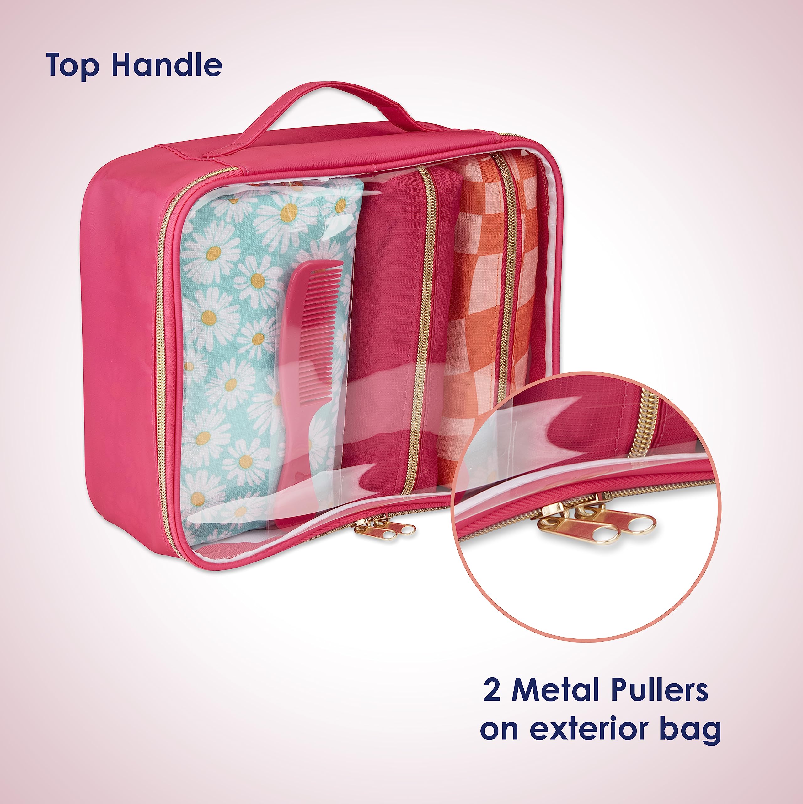 Conair 5 Piece Toiletry and Cosmetic Bag Set Under $30, Includes 4 Makeup Bags and 1 Travel Comb in Pink and Daisy Prints : Beauty & Personal Care