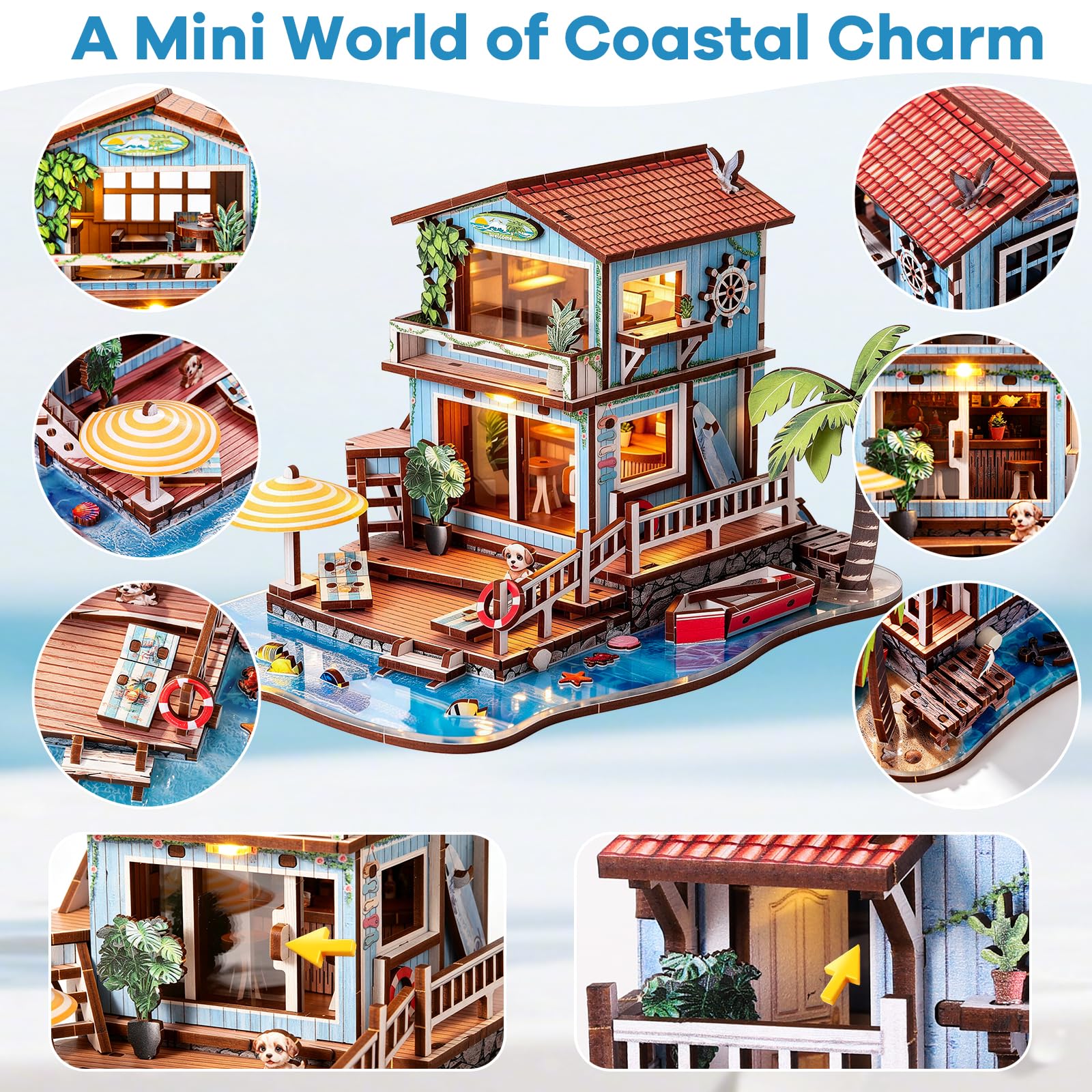 Rompecabezas de madera 3D para adultos, modelo de cabaña junto al mar, kit de construcción en miniatura con luces LED, océano, playa, vacaciones, casa, modelo rural, manualidades, decoración del hogar