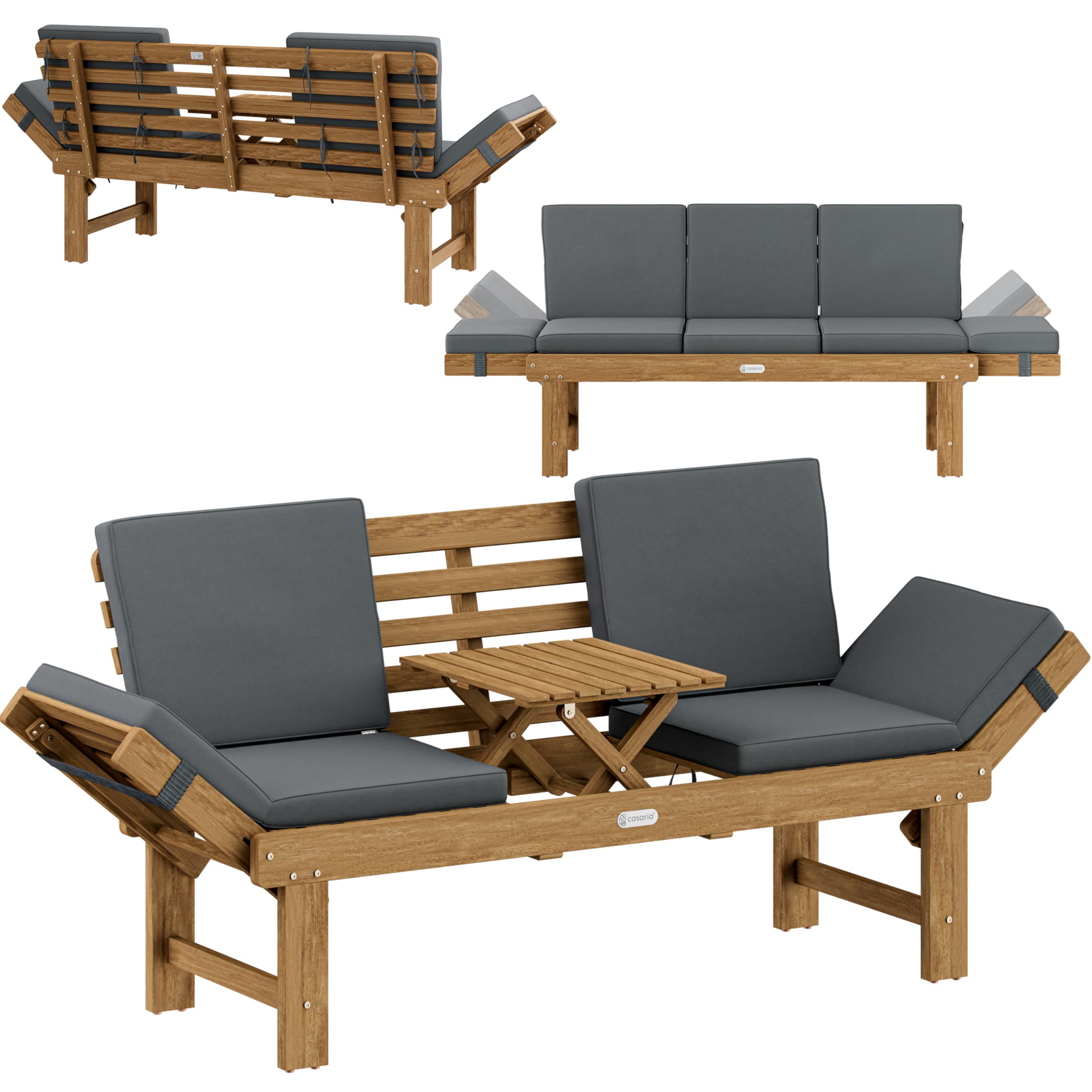 CASARIA Banco de Jardín Plegable con Mesa 200x50cm Madera de Acacia | Certificación FSC, Carga hasta 320Kg, Tumbona 200cm, Incluye Cojines, Mesa desplegable, Patio, Terraza, Resistente, Robusto