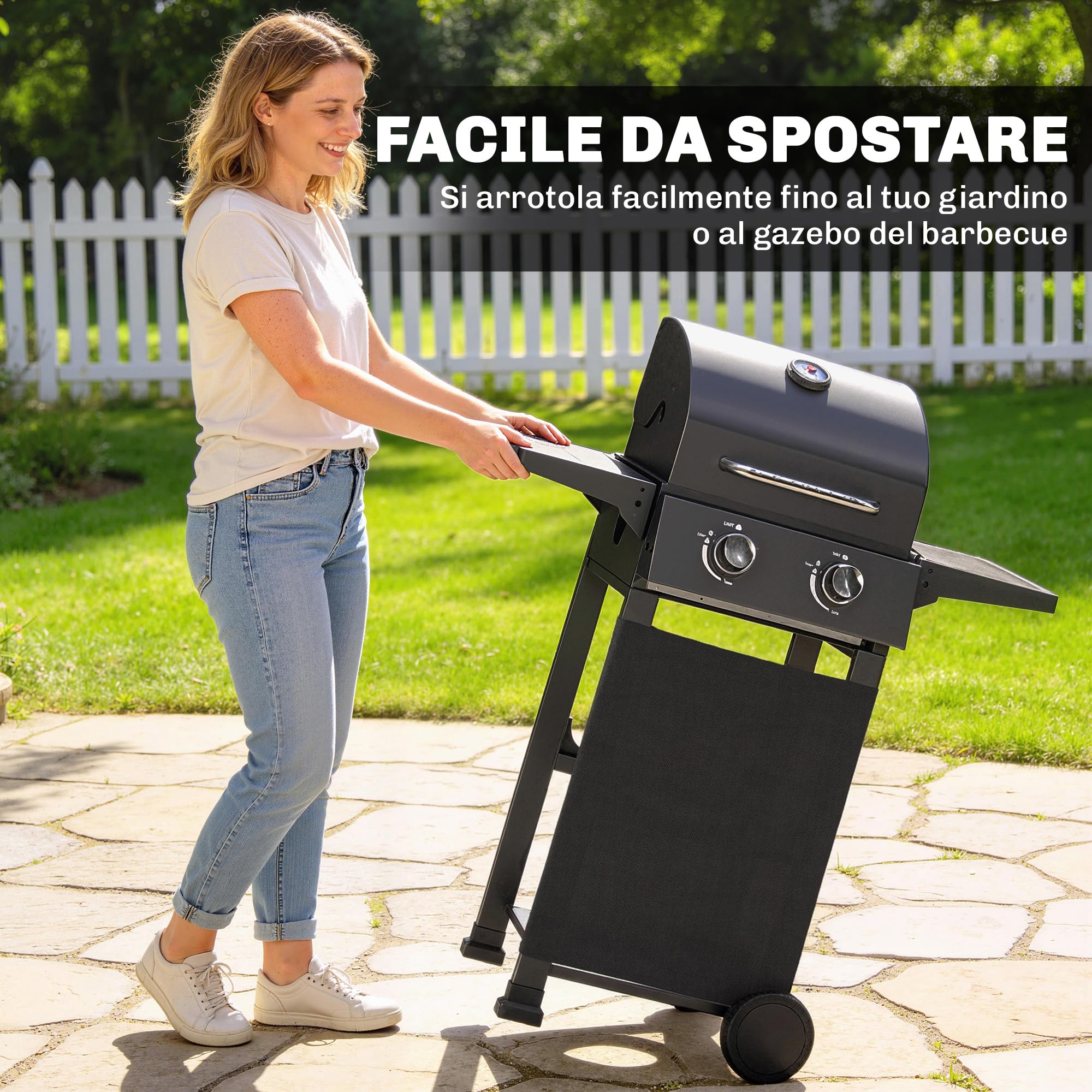 Outsunny Barbecue a Gas 2 Bruciatori 5.4 KW BBQ Portatile con Griglia Ripiani Pieghevoli Coperchio Termometro Ruote Nero